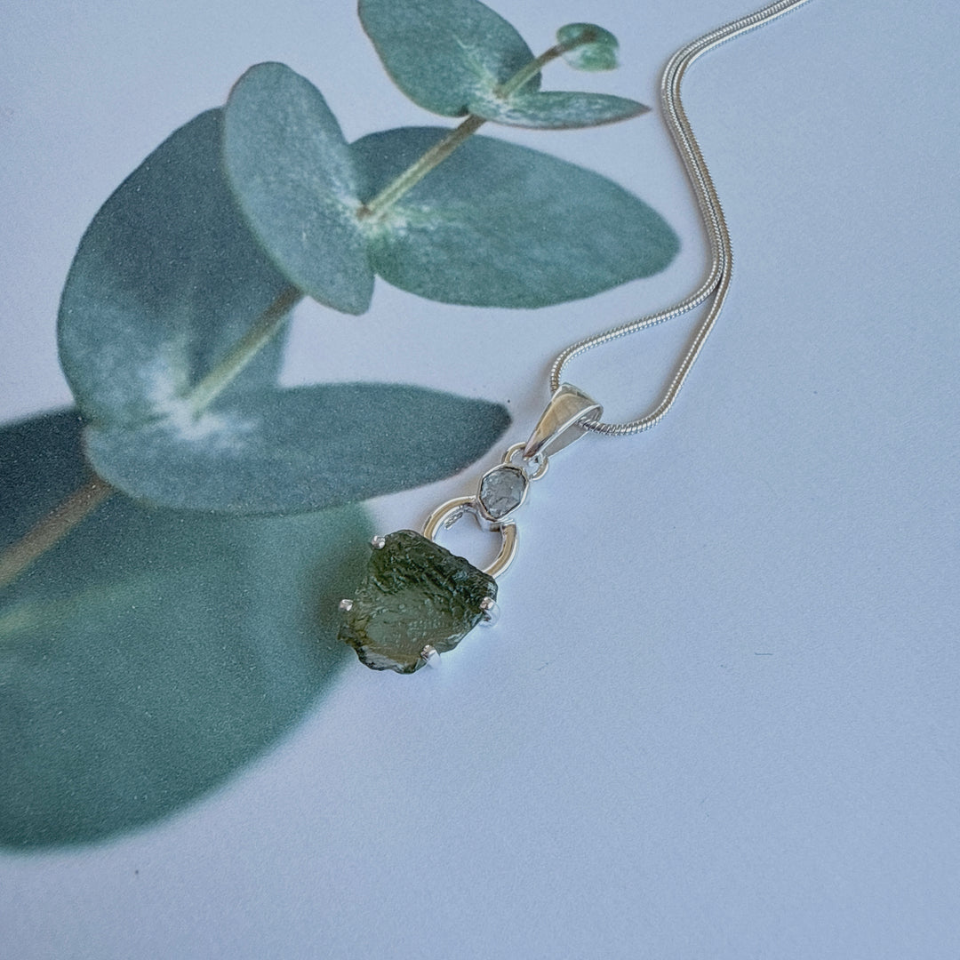 MOLDAVITE & HERKEMIER DIAMOND PENDANT