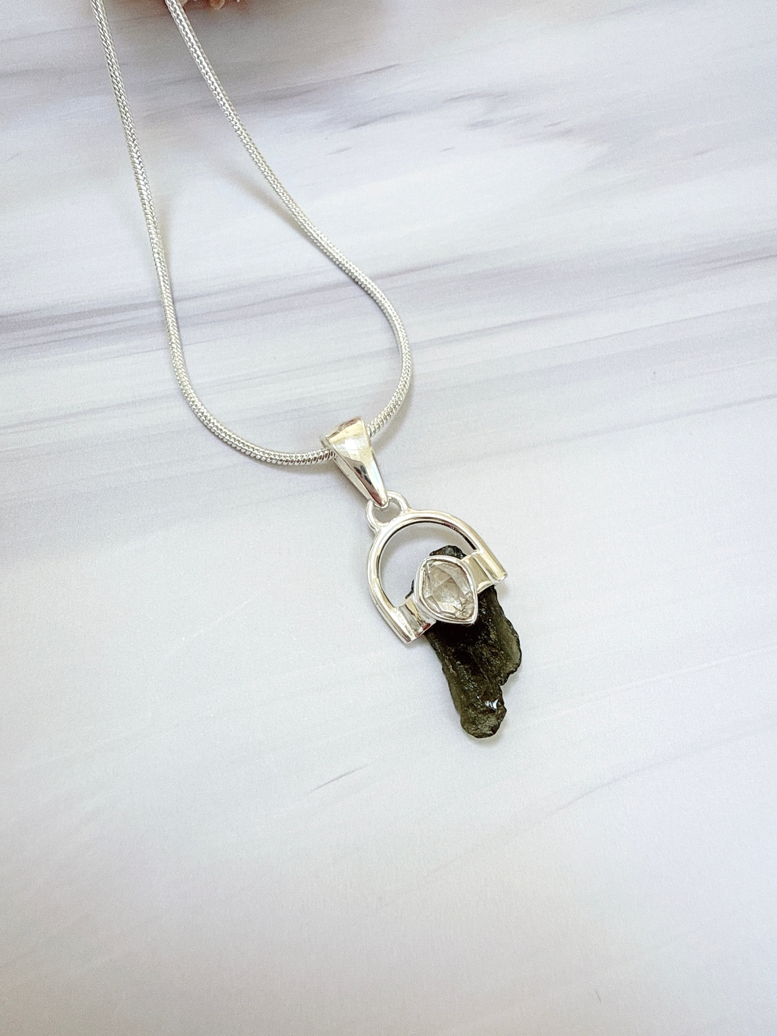 Moldavite with Herkimer Diamond Pendant