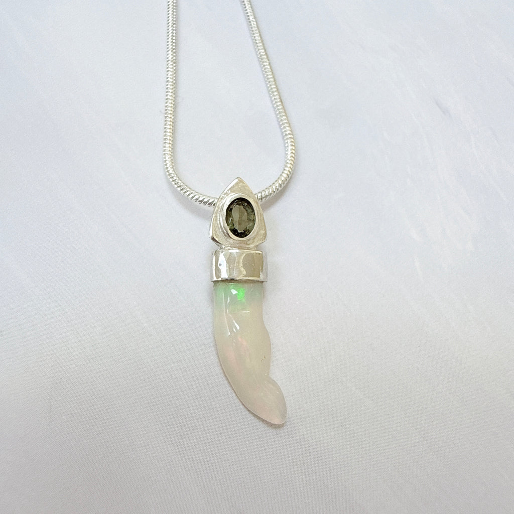 Faceted Moldavite & Ethiopian Opal Pendant