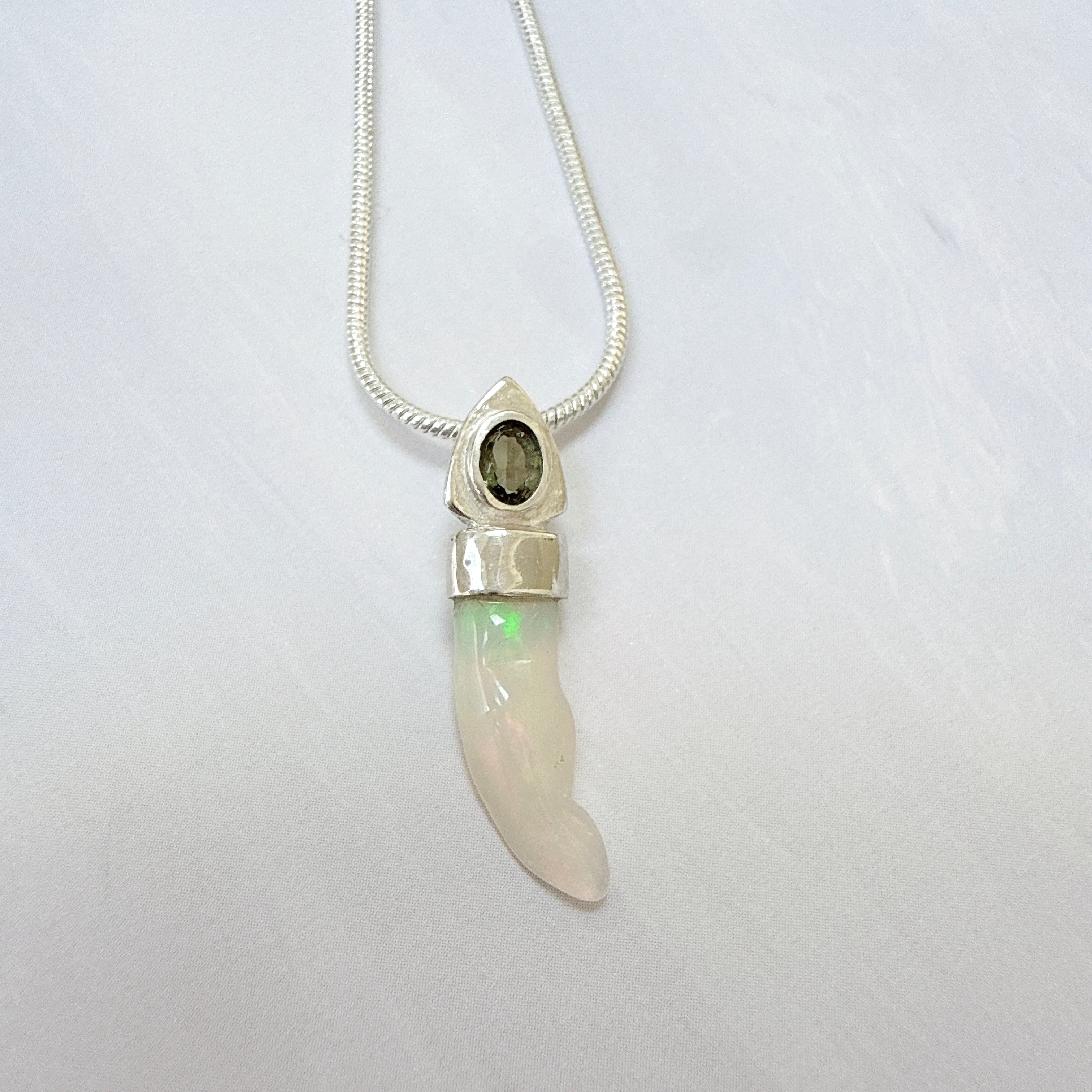 Faceted Moldavite & Ethiopian Opal Pendant
