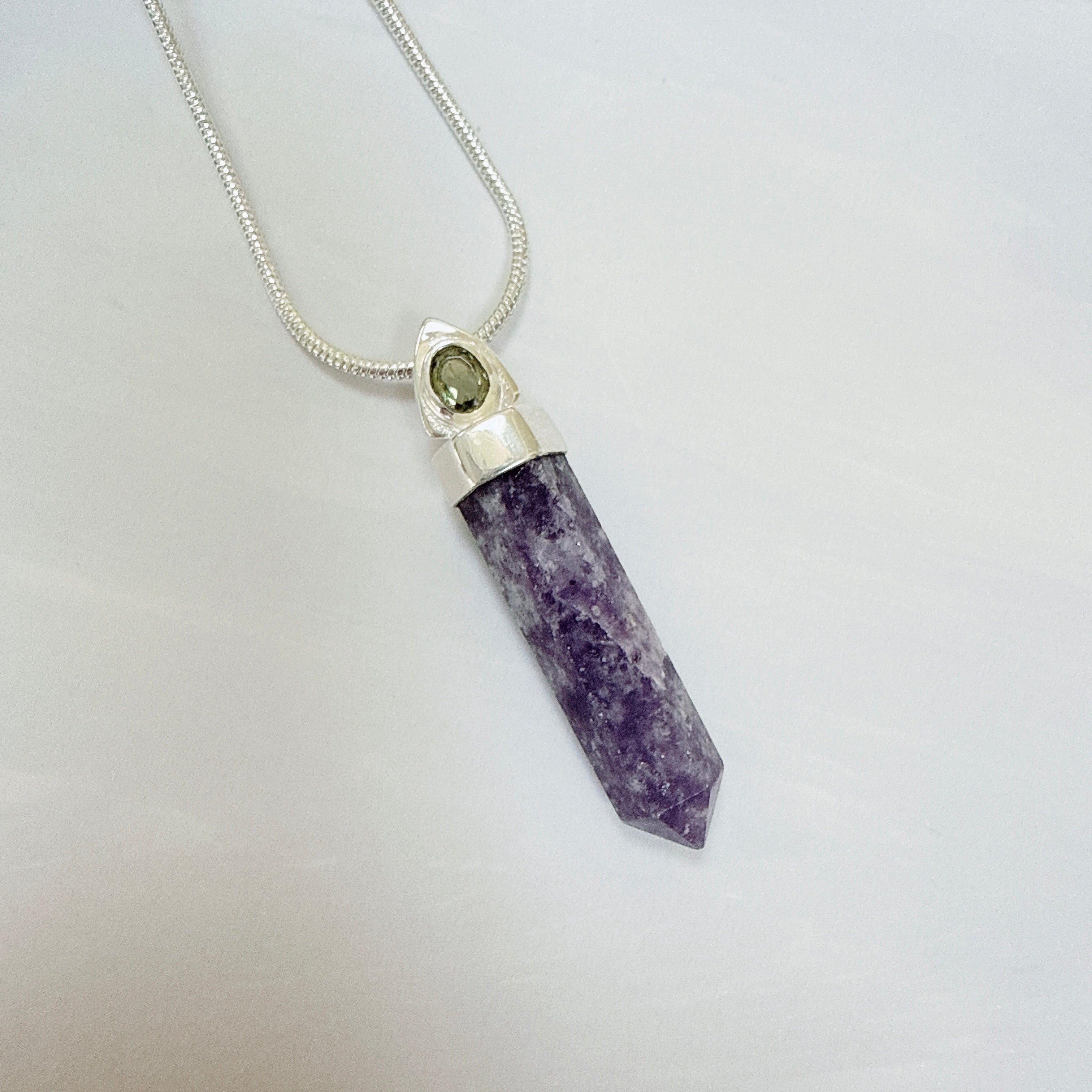 Purple Lepidolite Worry Stone & Moldavite Faceted Pendant