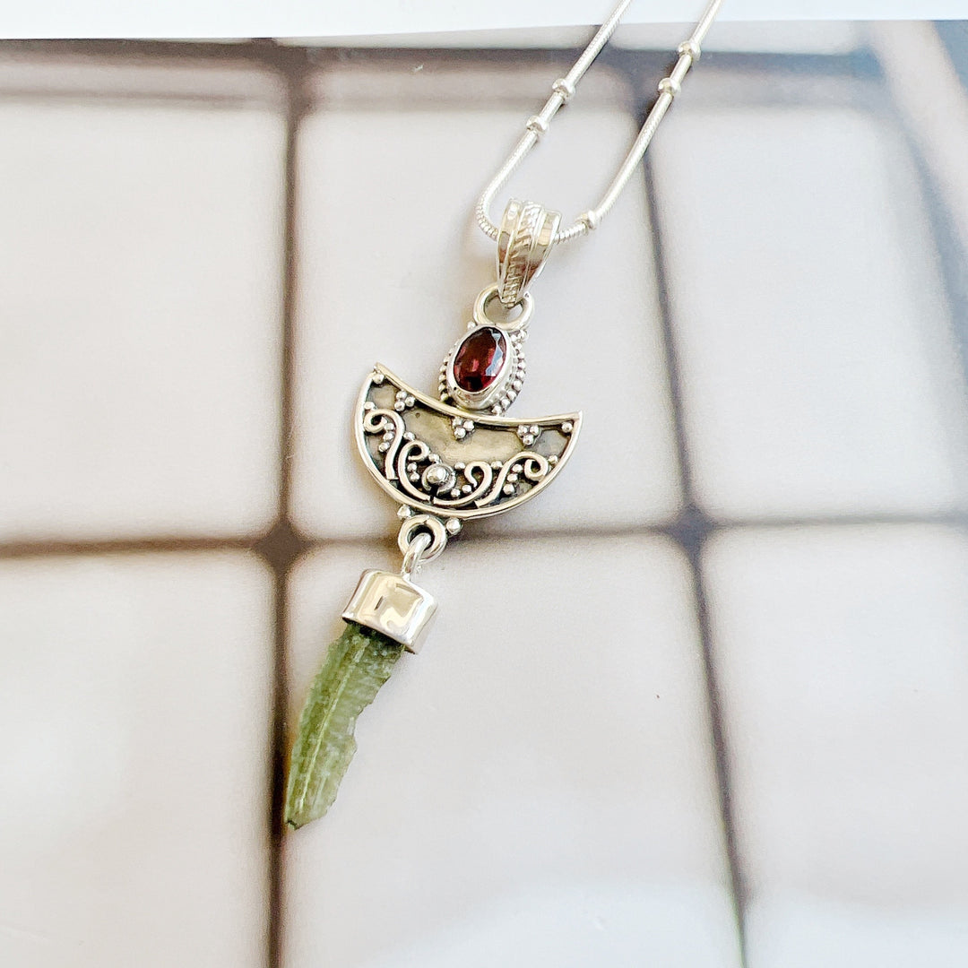 Moldavite & Garnet Pendant