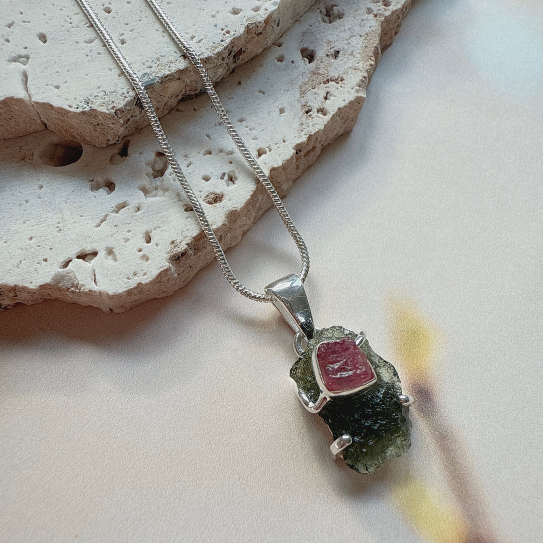 Moldavite & Pink Tourmaline Pendant