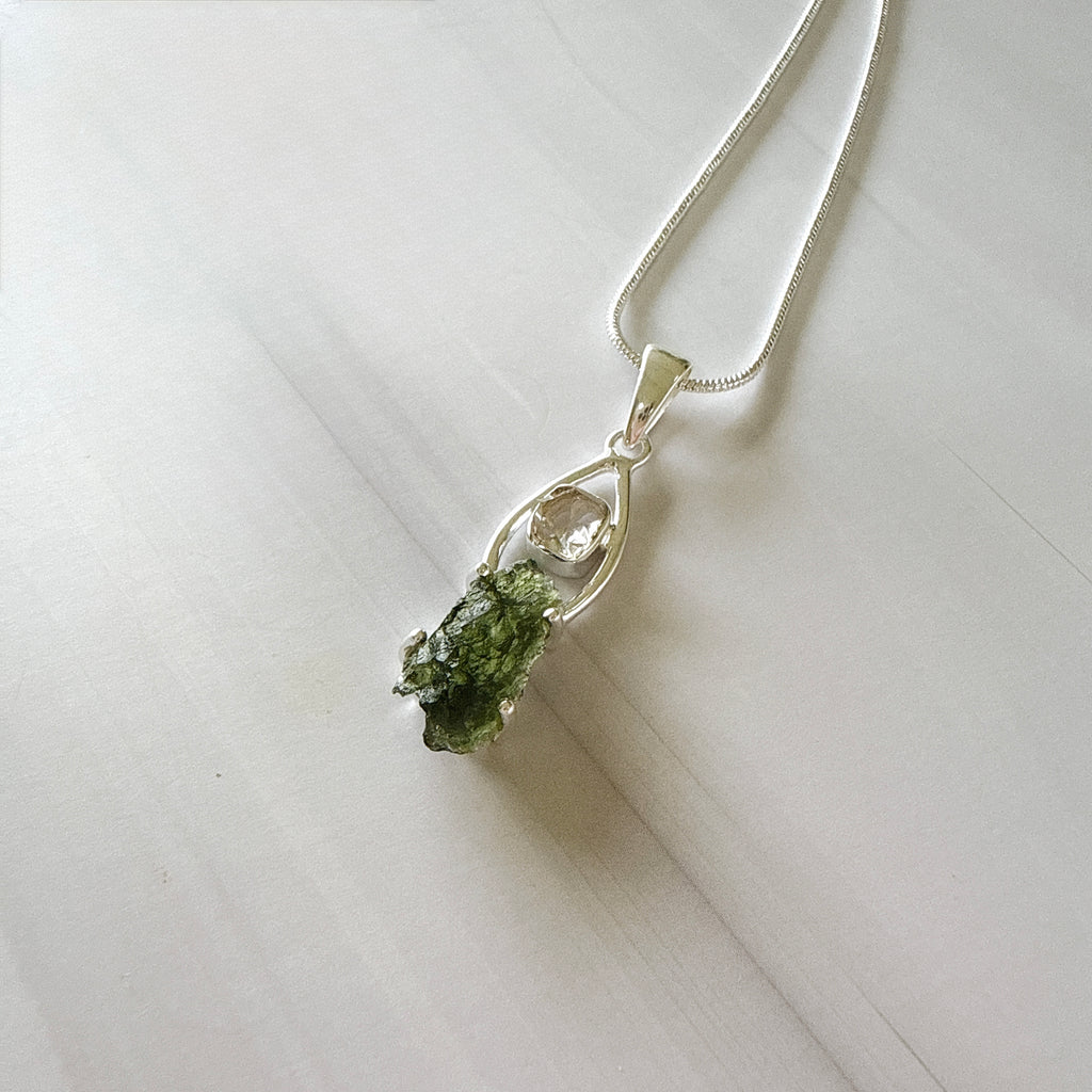 Moldavite & Herkimer Diamond Pendant