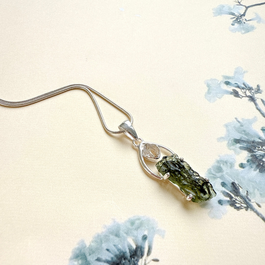 Moldavite & Herkimer Pendant