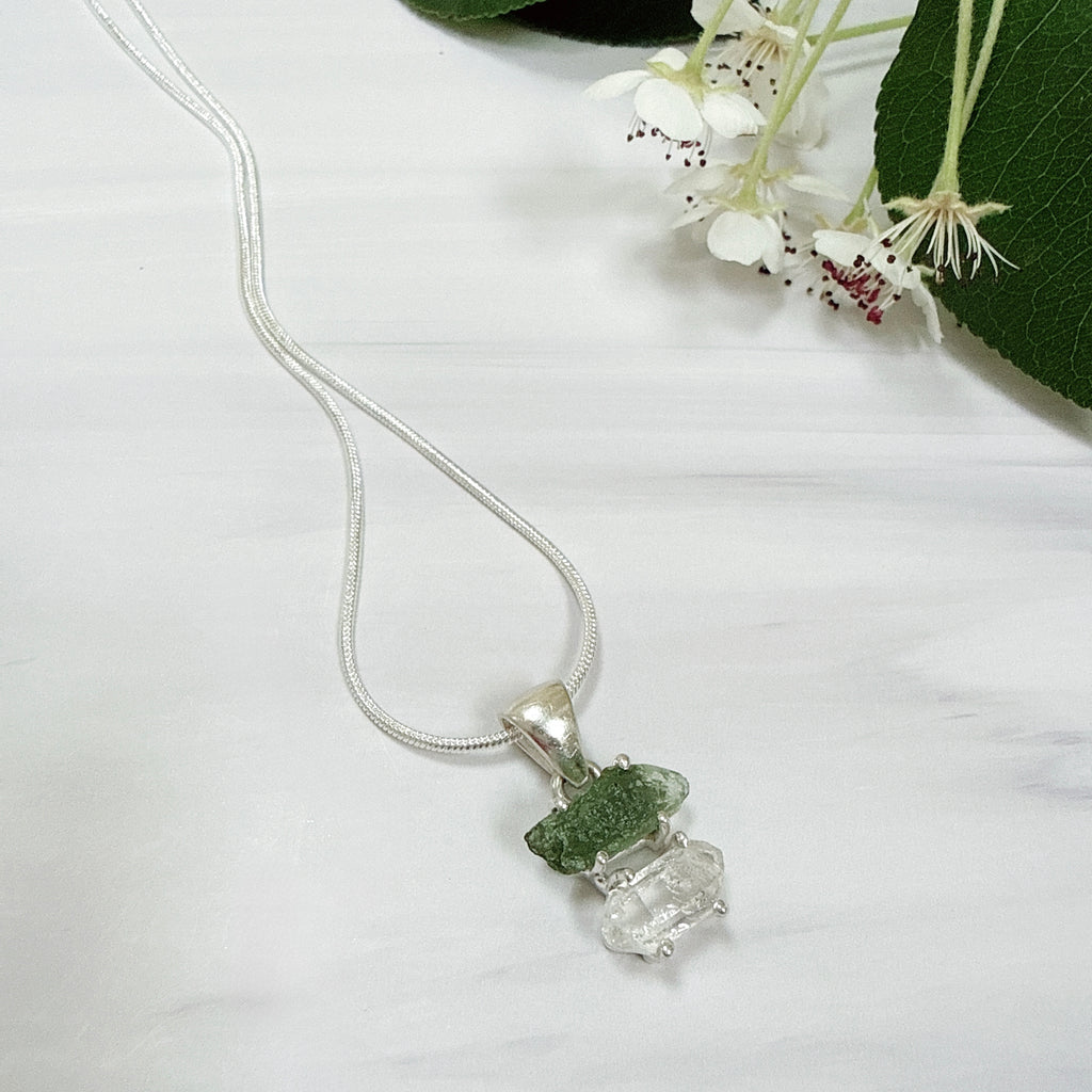 MOLDAVITE & HERKEMIER DIAMOND PENDANT