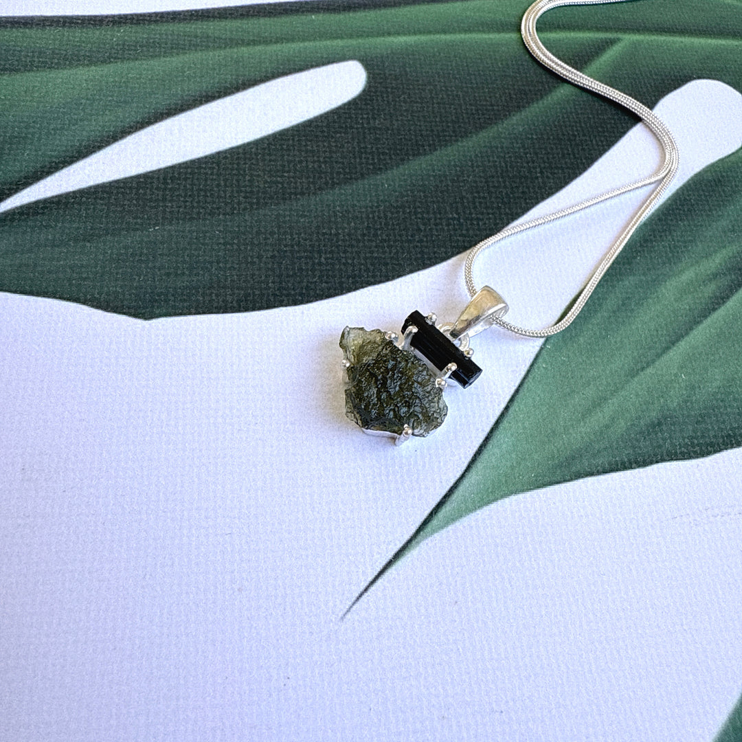 MOLDAVITE & BLACK TOURMALINE PENDANT