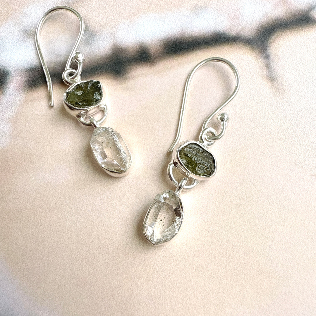 Moldavite & Herkemir Diamond Earrings