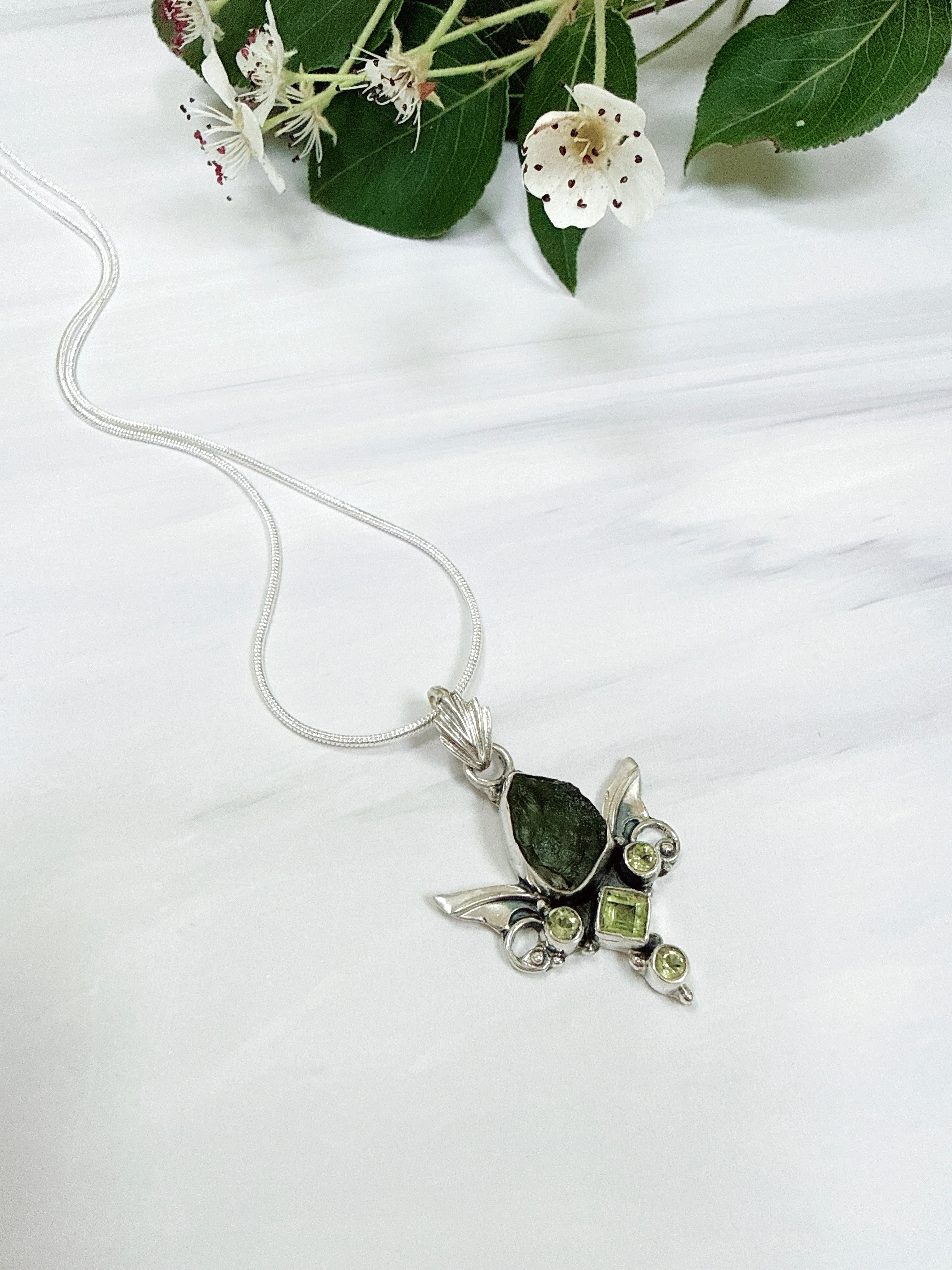Moldavite & Peridot Faceted Pendant