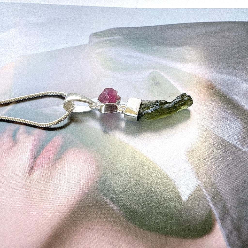 Moldavite & Pink Tourmaline Pendant