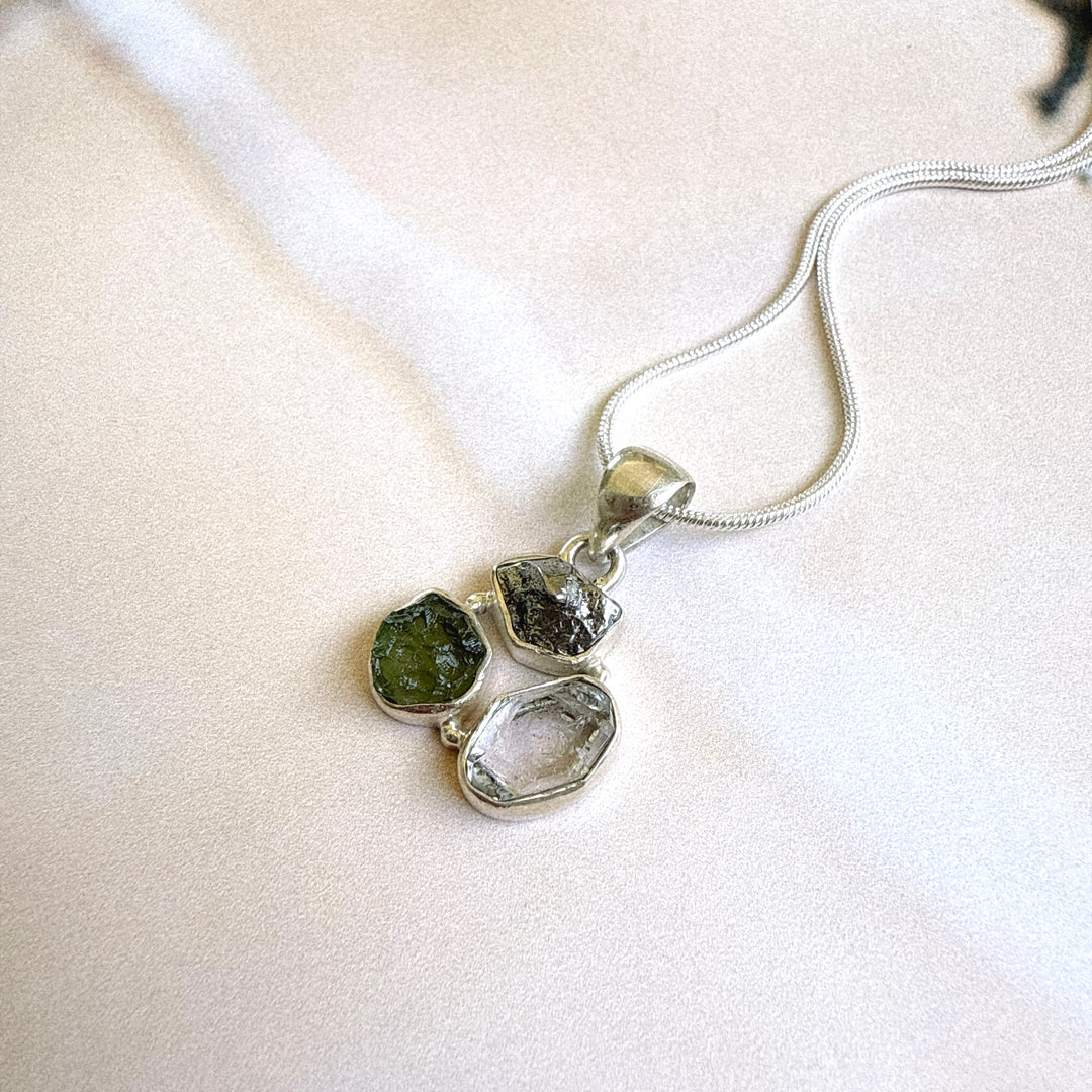 Moldavite, Herkimer Diamond & Campo del Cielo Meteorite Pendant