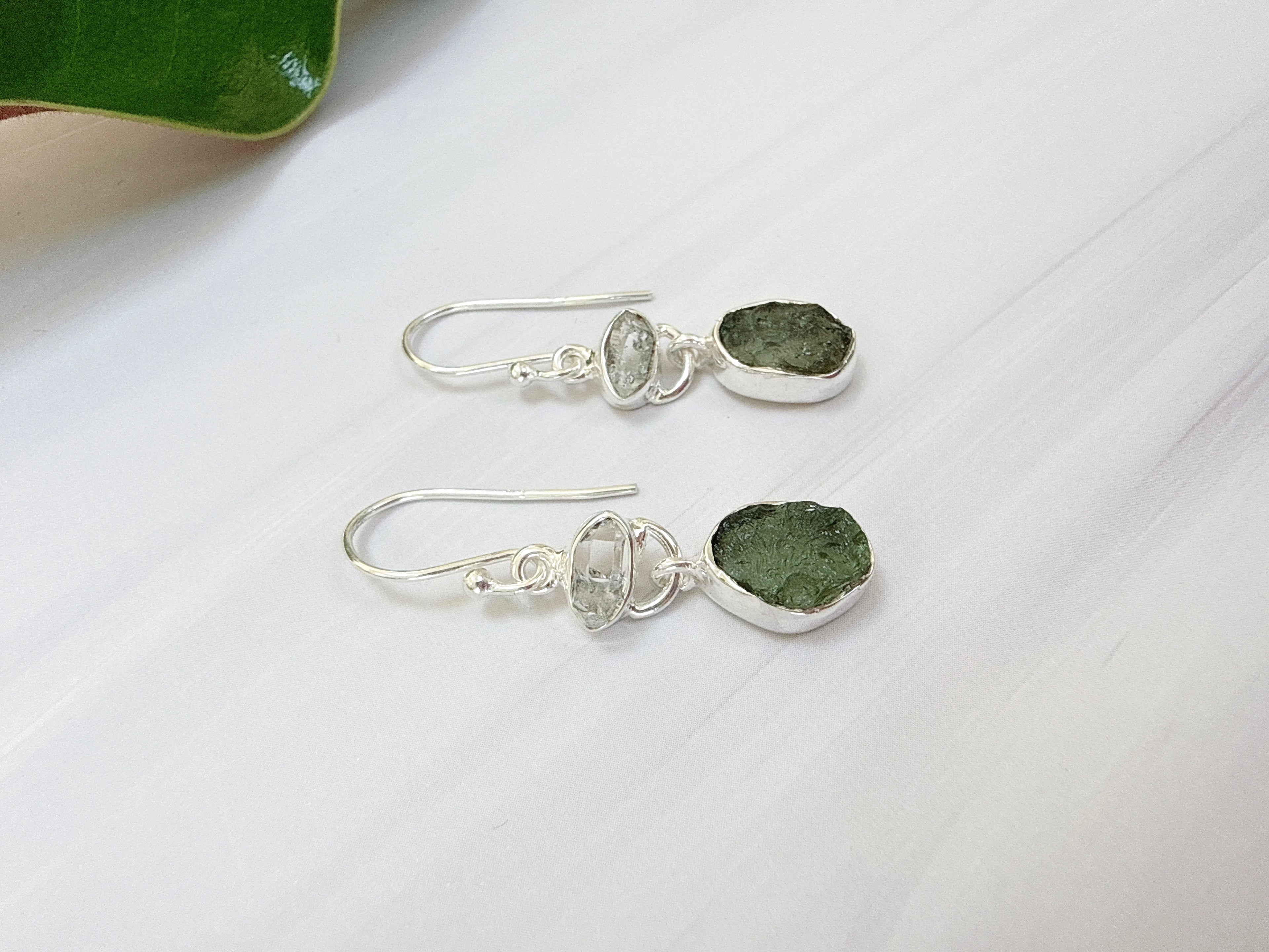 Moldavite & Herkimer Diamond Earrings