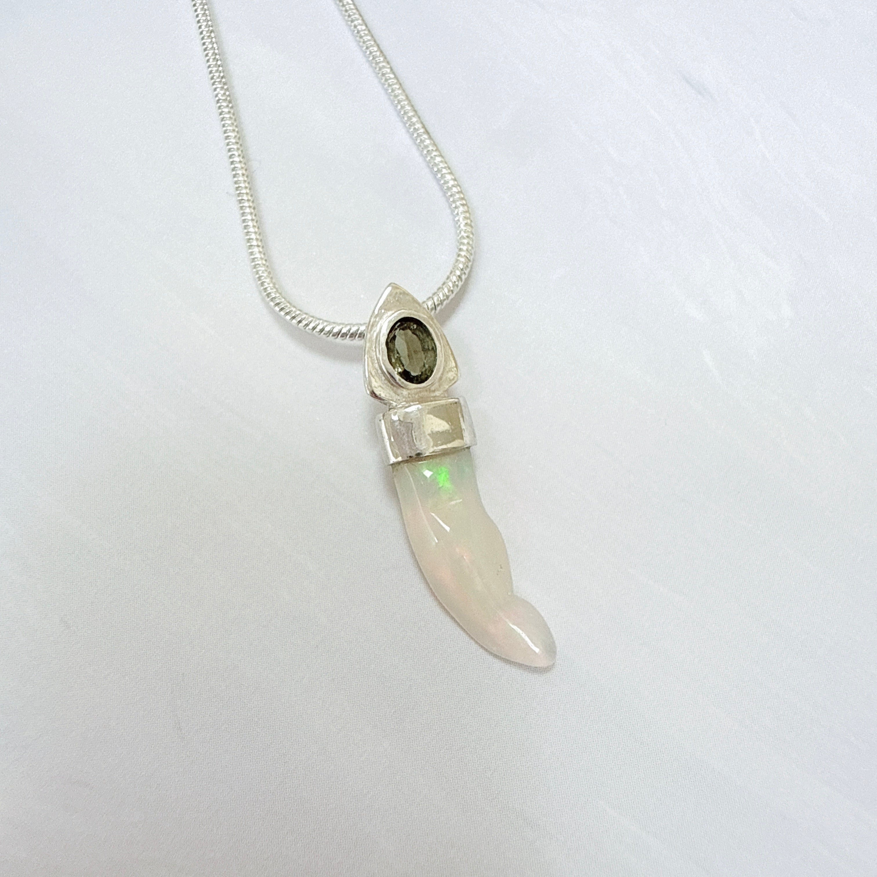 Faceted Moldavite & Ethiopian Opal Pendant