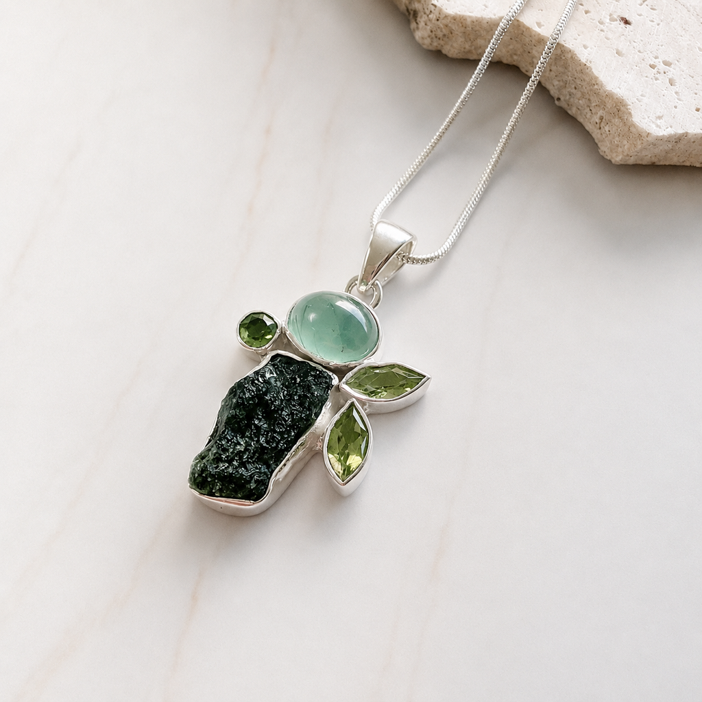 Designer – Moldavite, Prehnite & Peridot Faceted Pendant