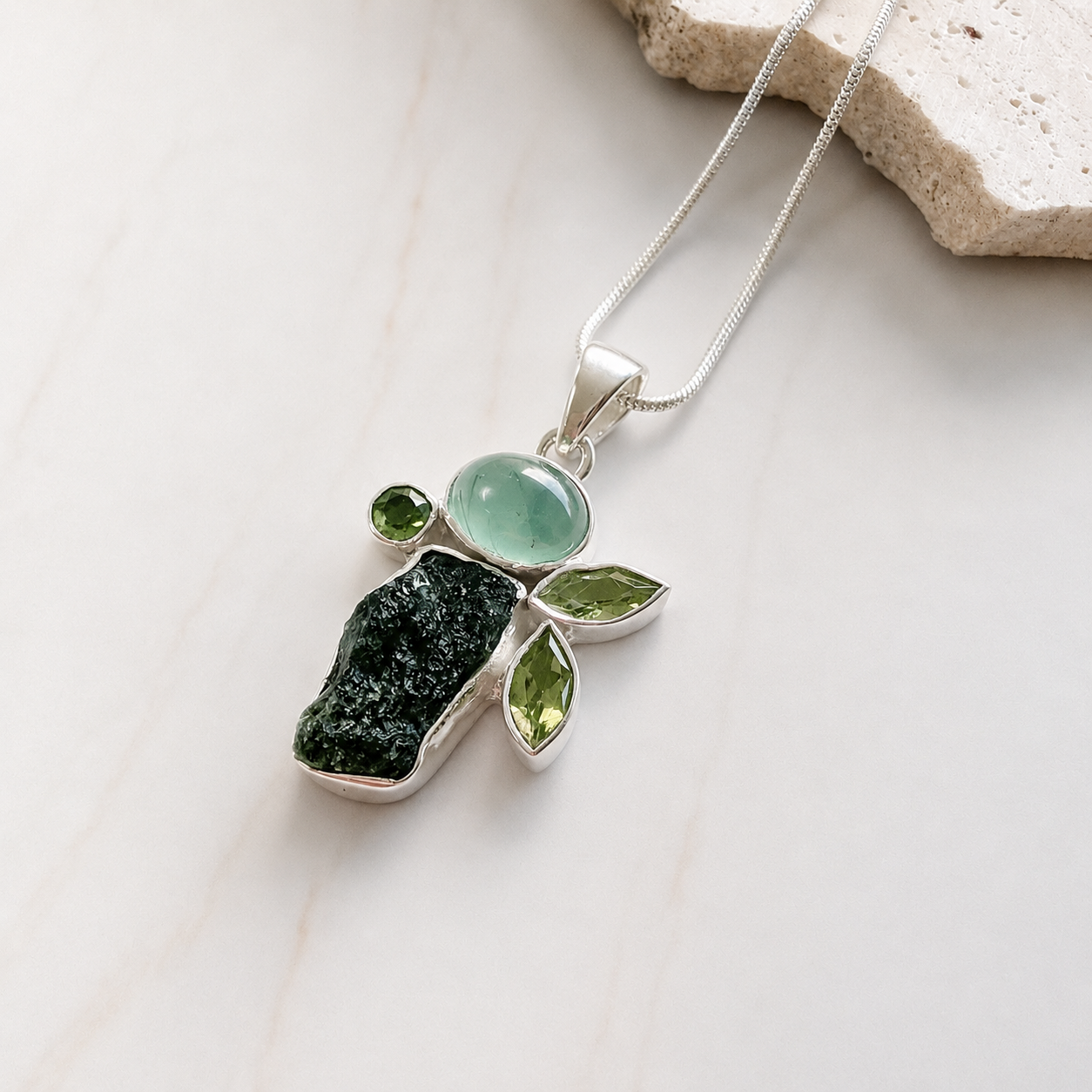 Designer – Moldavite, Prehnite & Peridot Faceted Pendant