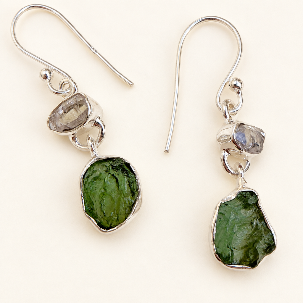 Moldavite, Herkimer Diamond & Campo del Cielo Earrings