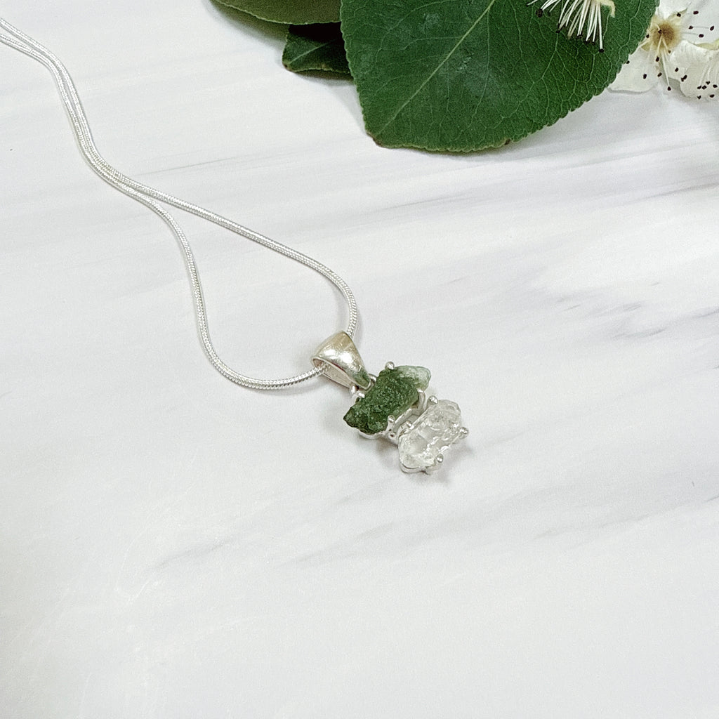 MOLDAVITE & HERKEMIER DIAMOND PENDANT