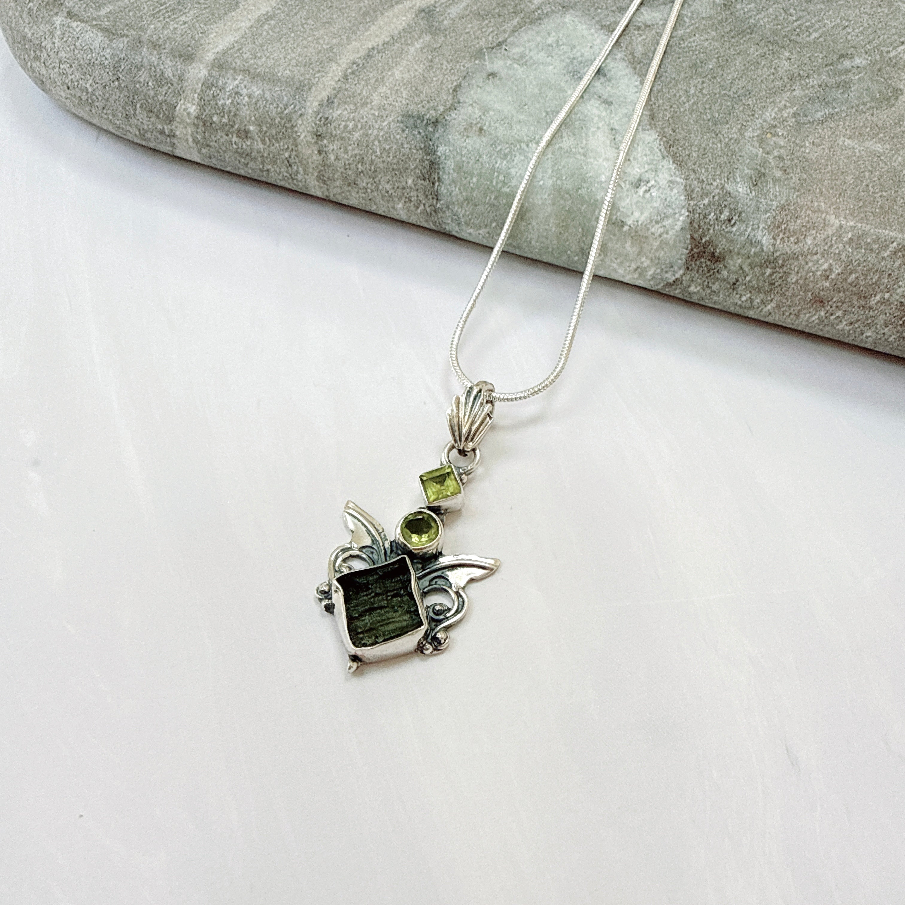 Moldavite & Peridot Faceted Pendant