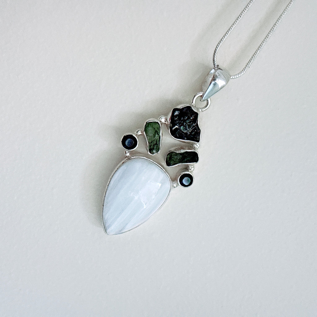 Designer – Scolecite, Moldavite, Shungite & Black Onyx Faceted Pendant