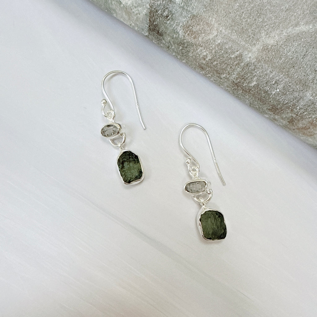 Moldavite & Herkimer Diamond Earrings