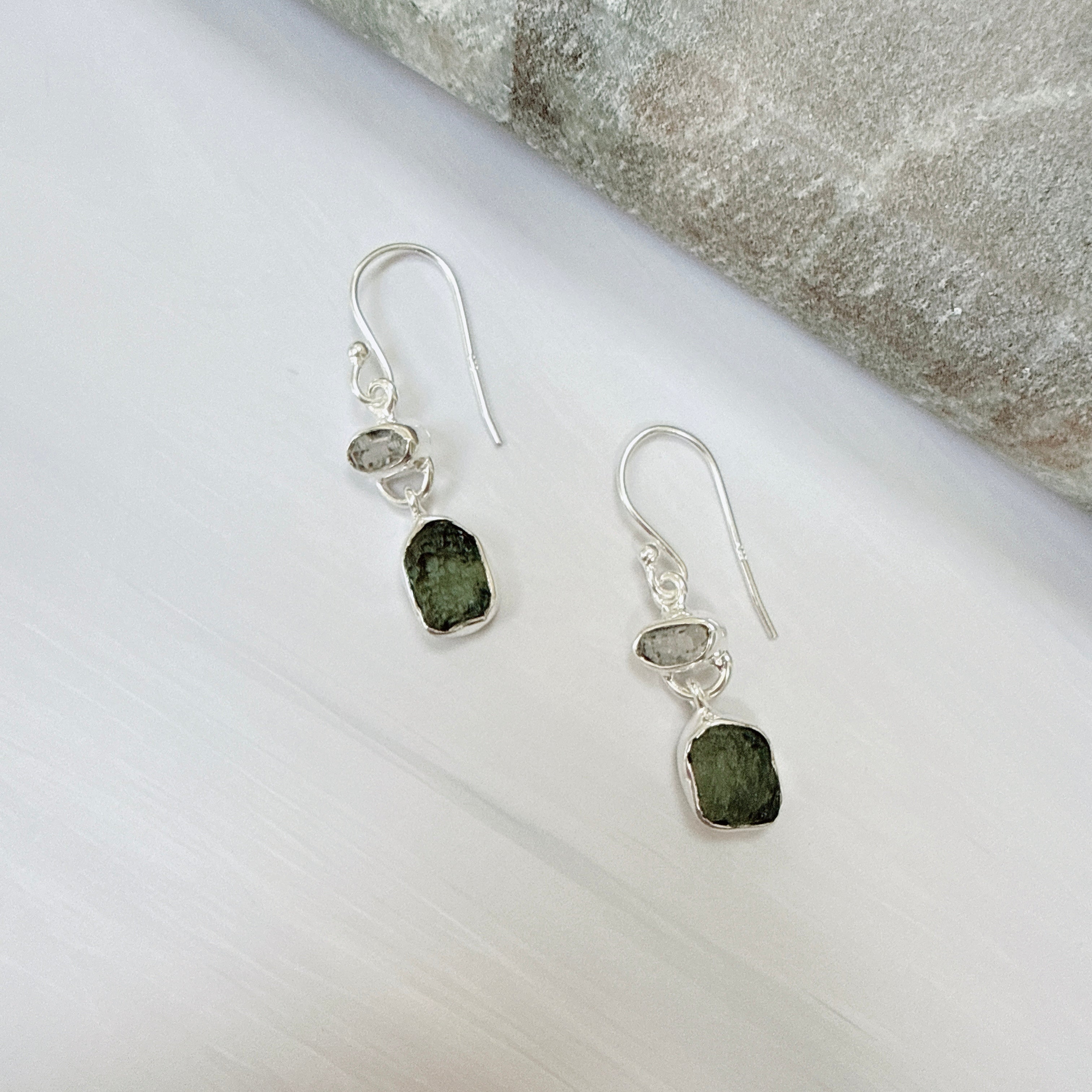 Moldavite & Herkimer Diamond Earrings