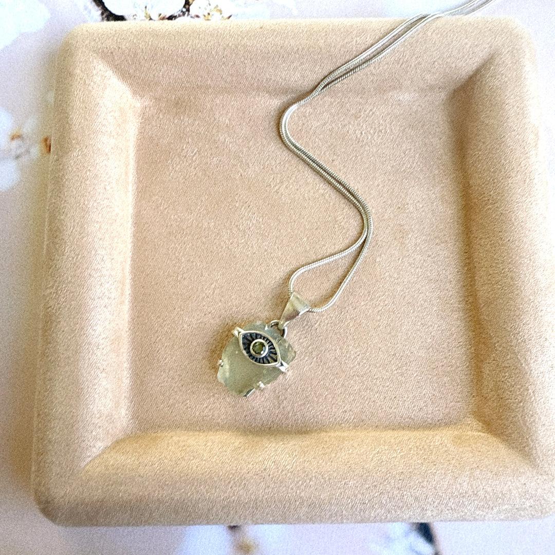 Faceted Moldavite and Libyan Desert Evil Eye Pendant