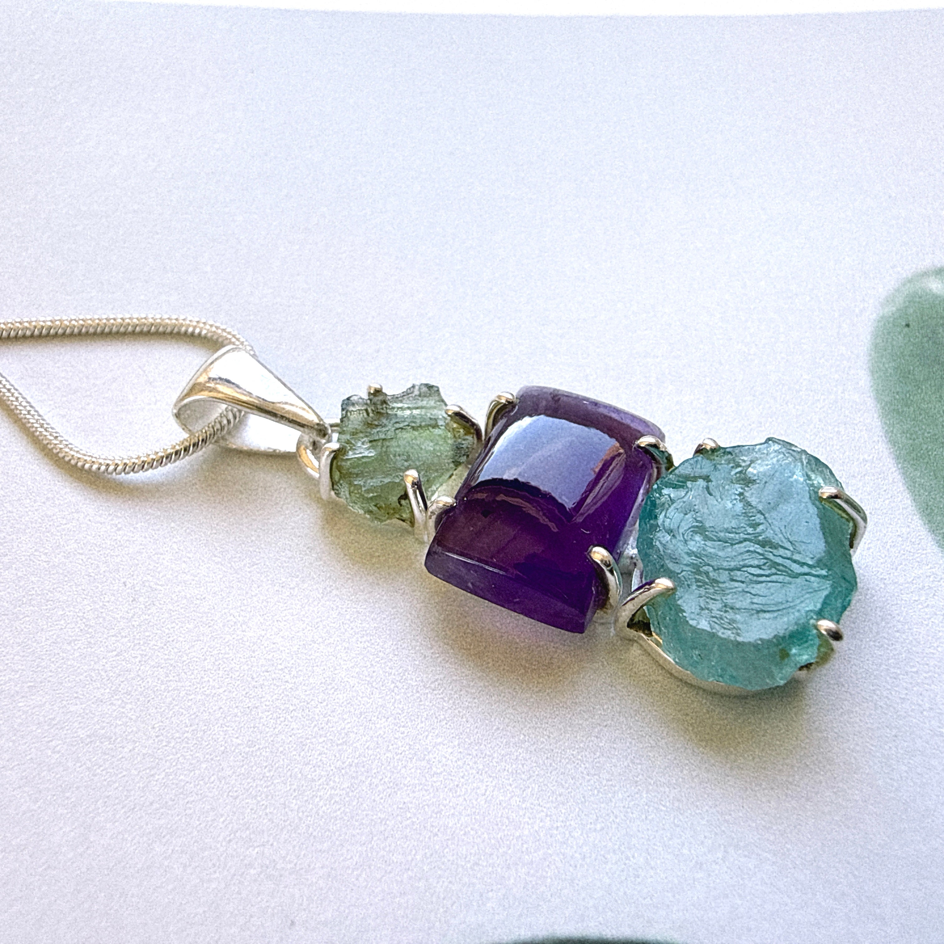 Moldavite, Amethyst & Neon Blue Apatite Pendant