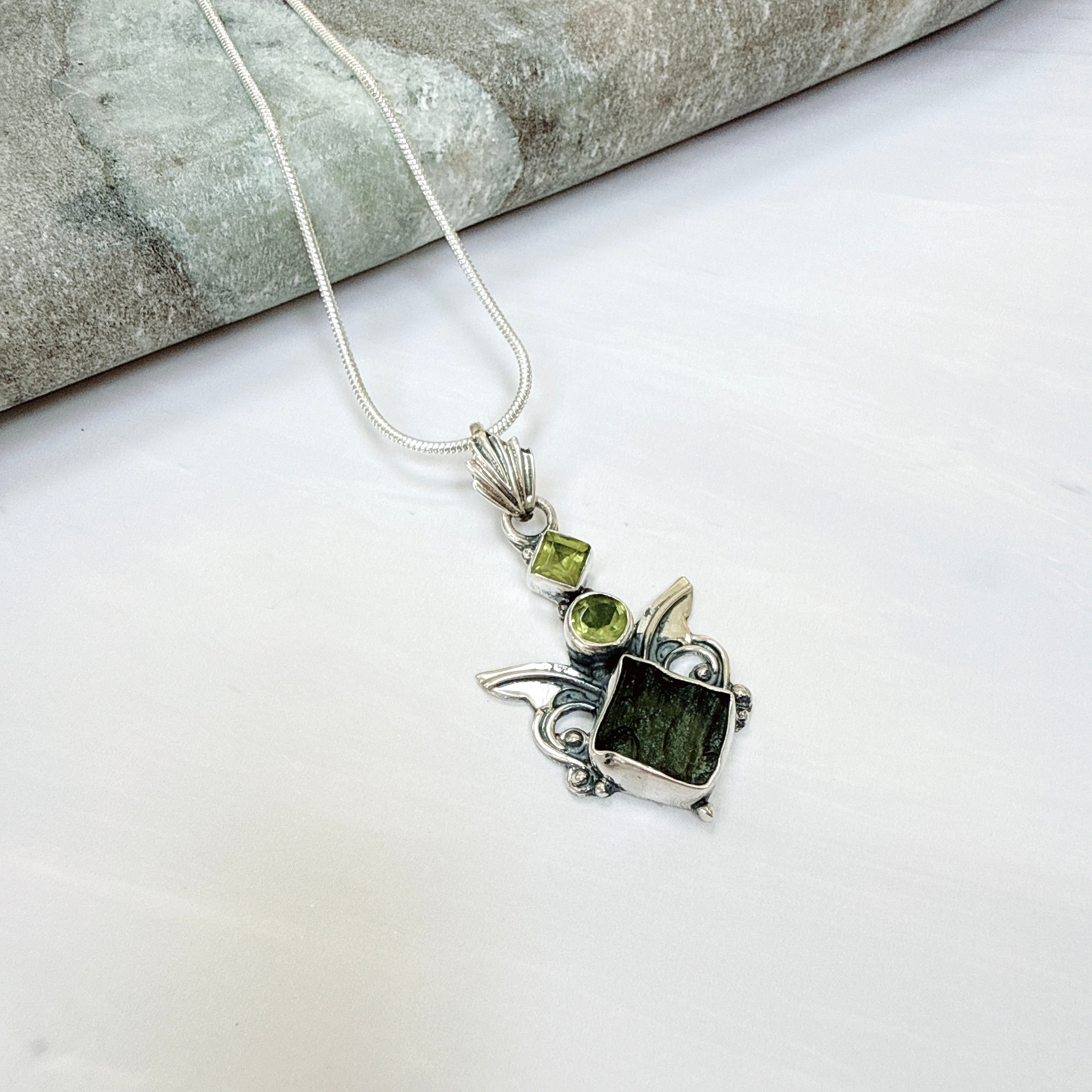 Moldavite & Peridot Faceted Pendant