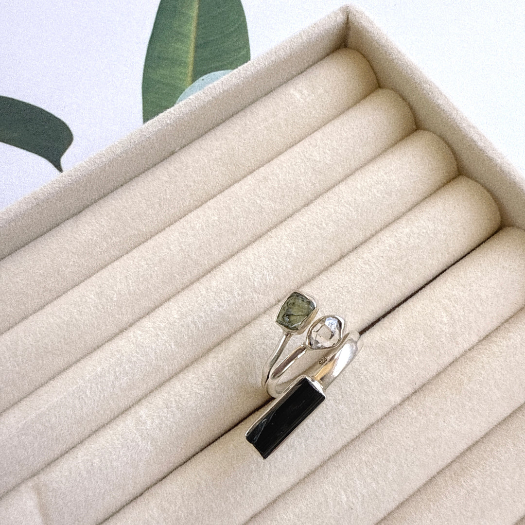 Moldavite, Herkimer & Black Tourmaline Ring