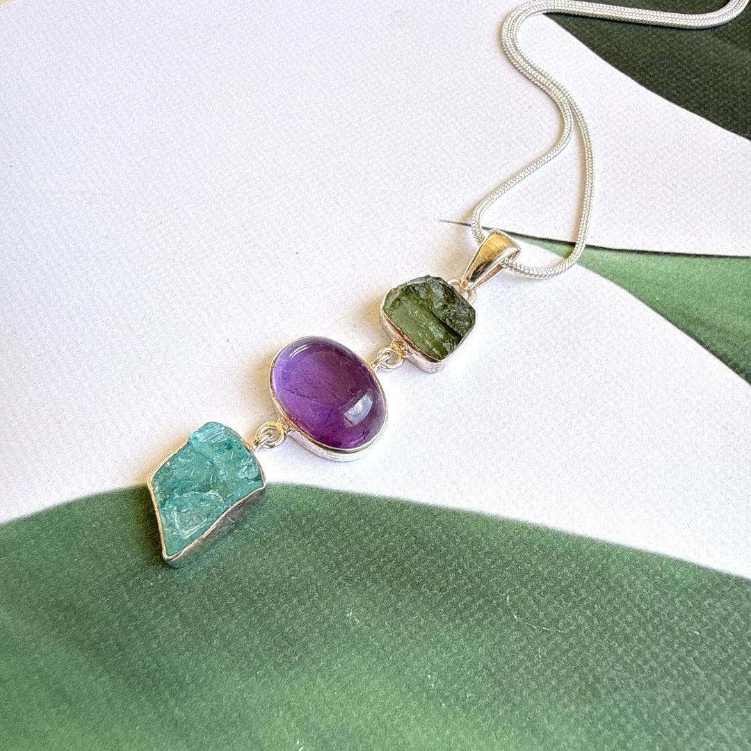Moldavite, Amethyst & Neon Blue Apatite Pendant