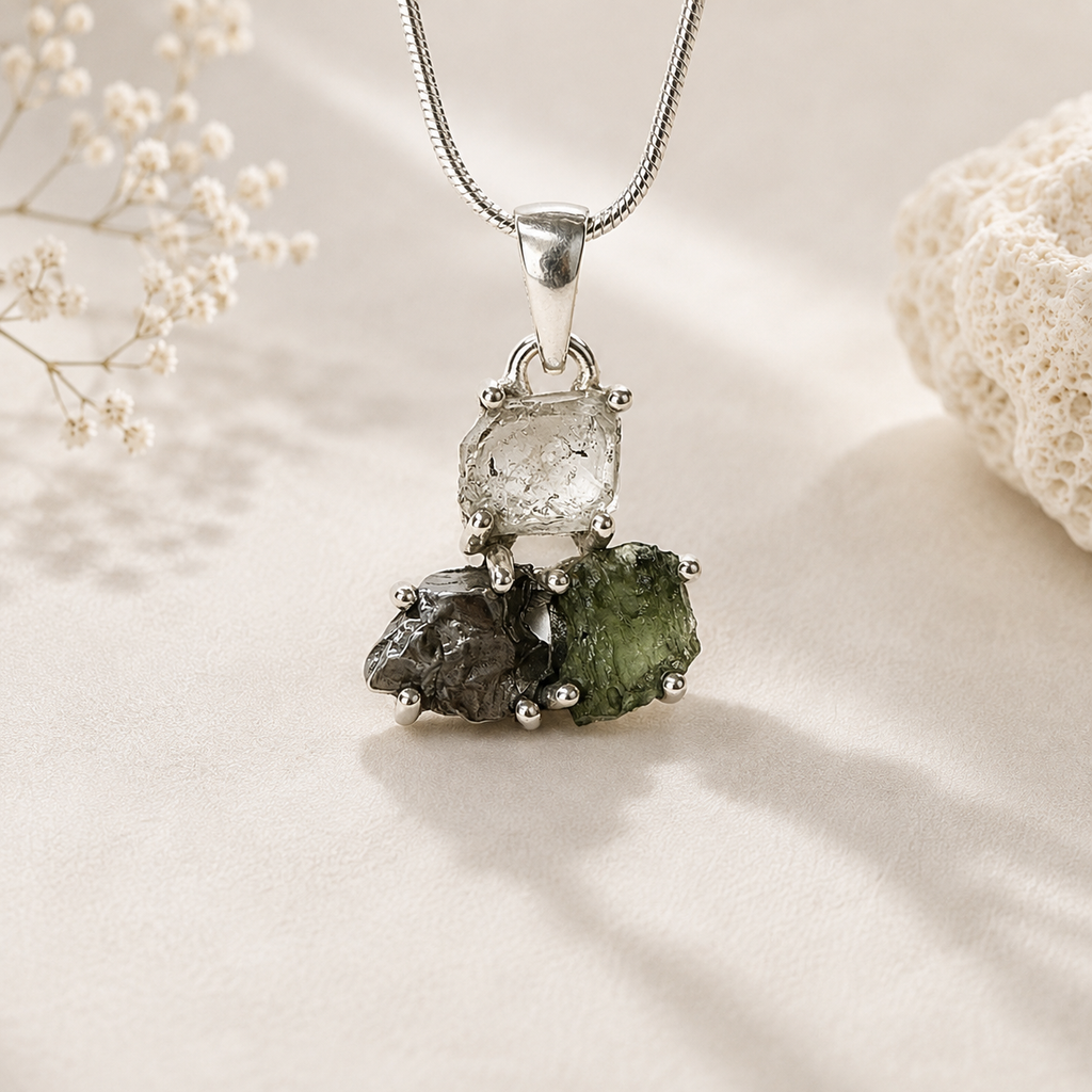 Moldavite, Herkimer Diamond & Campo del Cielo Meteorite Pendant