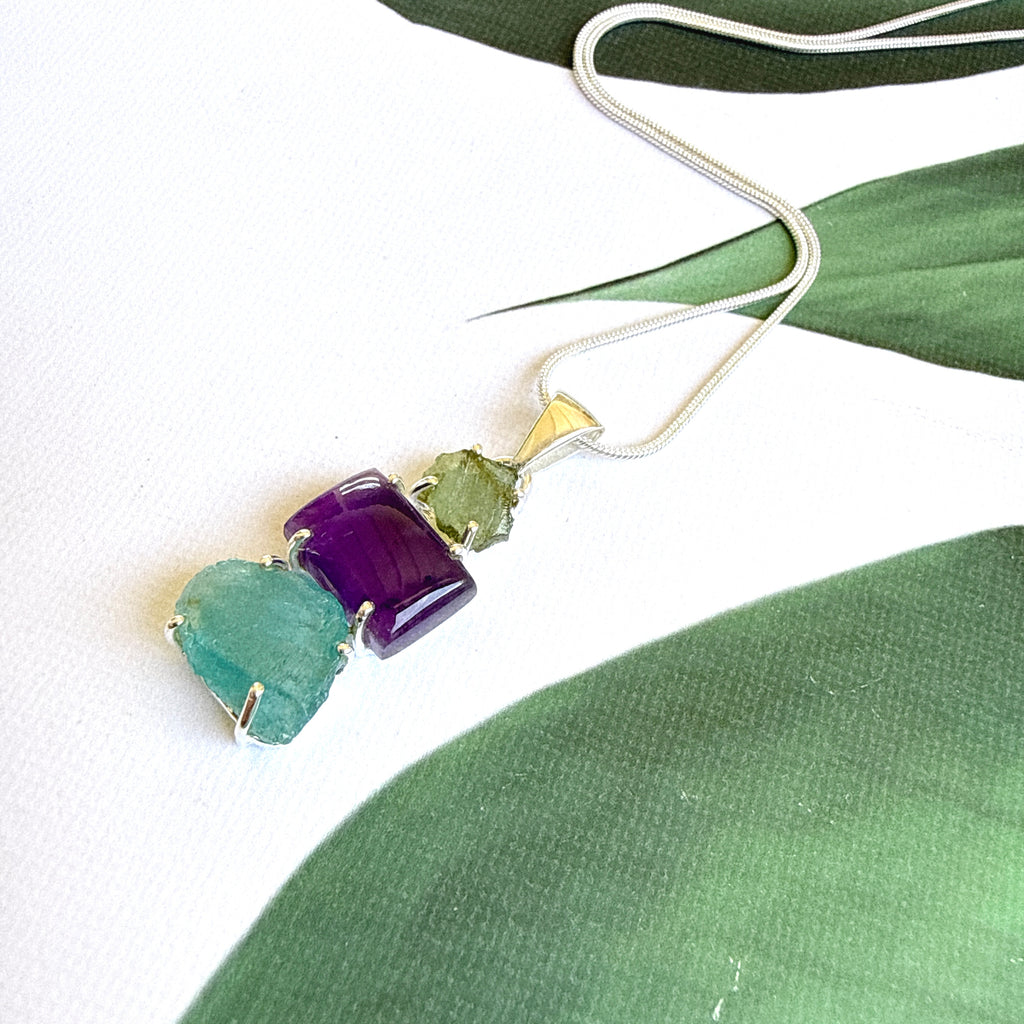 Moldavite, Amethyst & Neon Blue Apatite Pendant