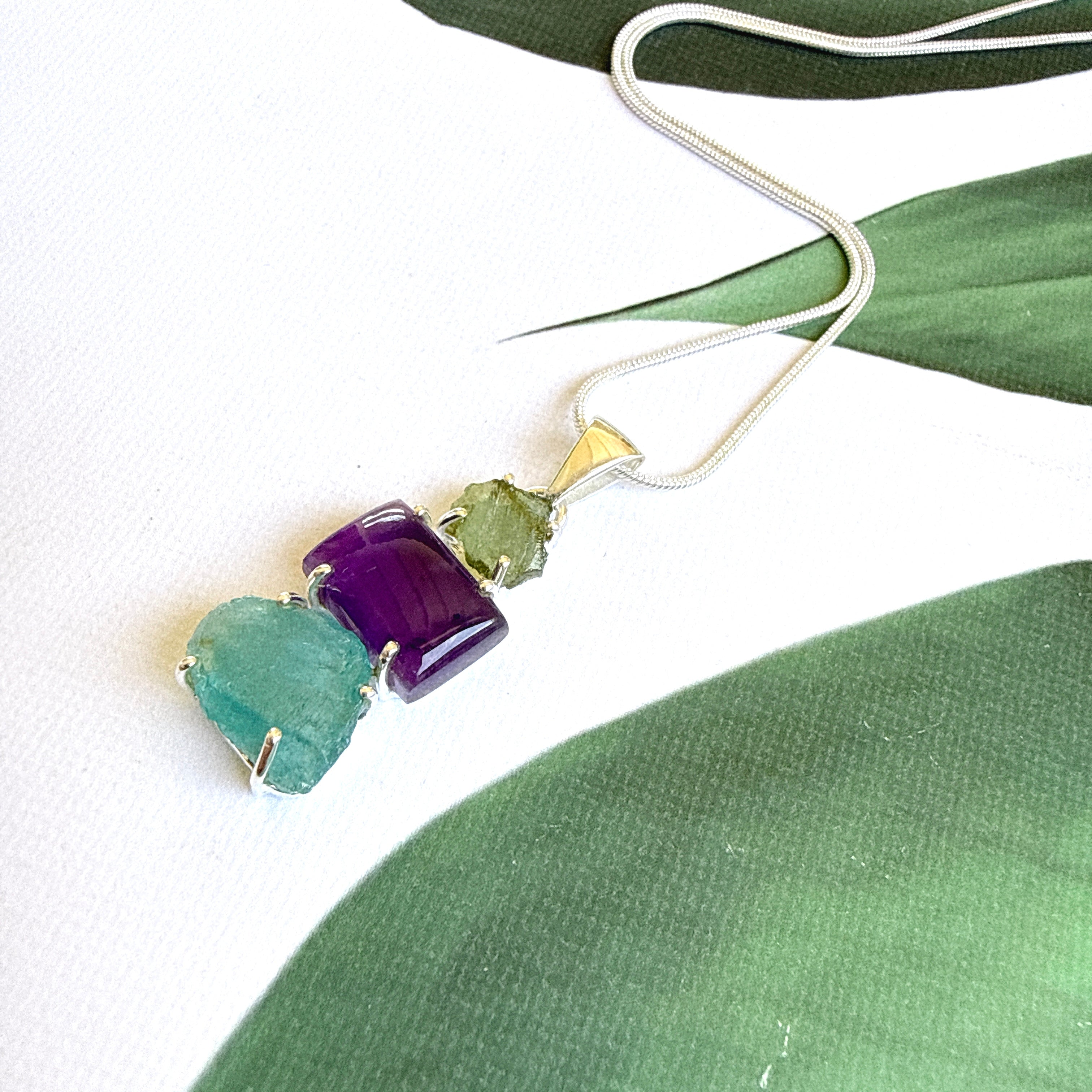 Moldavite, Amethyst & Neon Blue Apatite Pendant