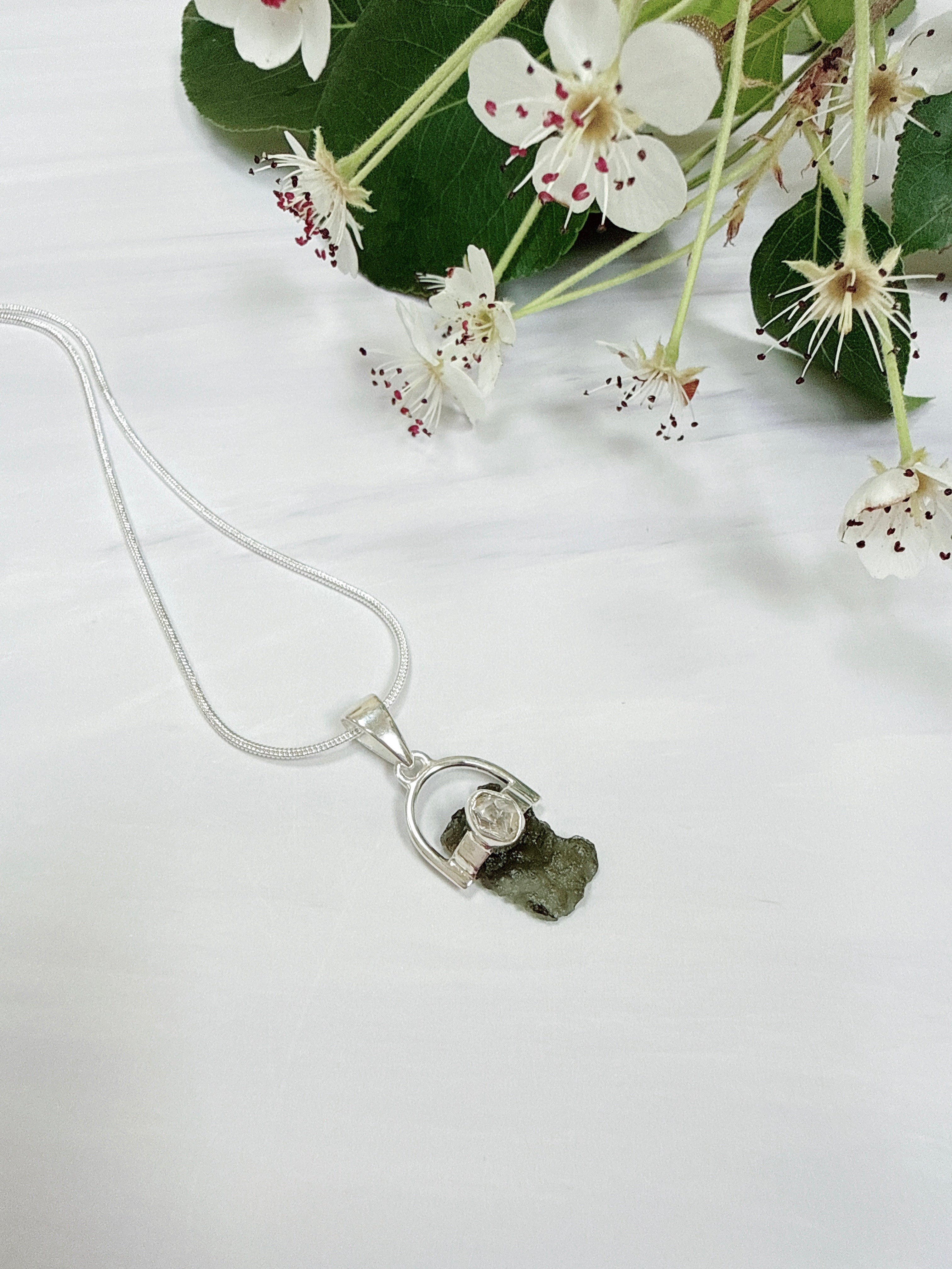 Moldavite with Herkimer Diamond Pendant