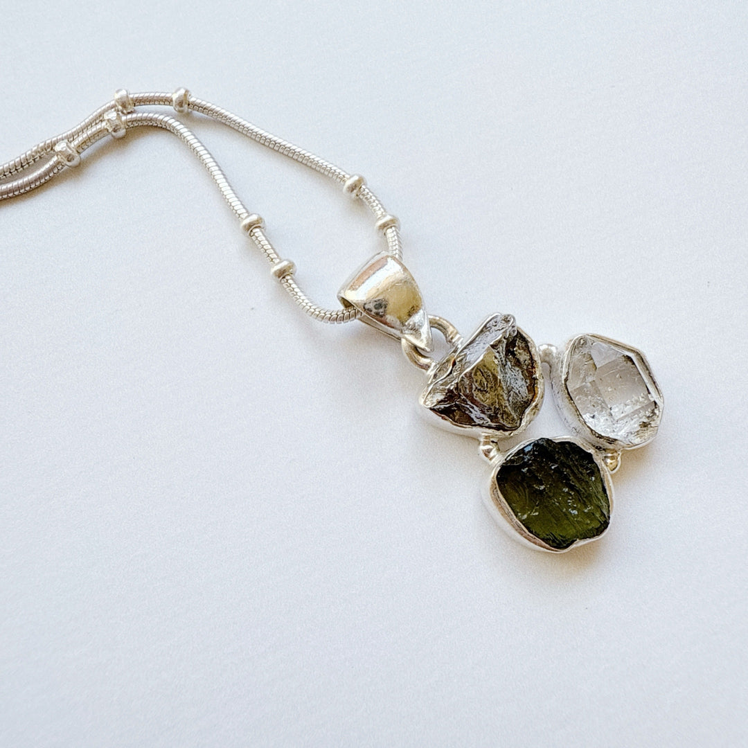 MOLDAVITE, HERKEMIR DIAMOND AND CAMPO DEL CIELO PENDANT