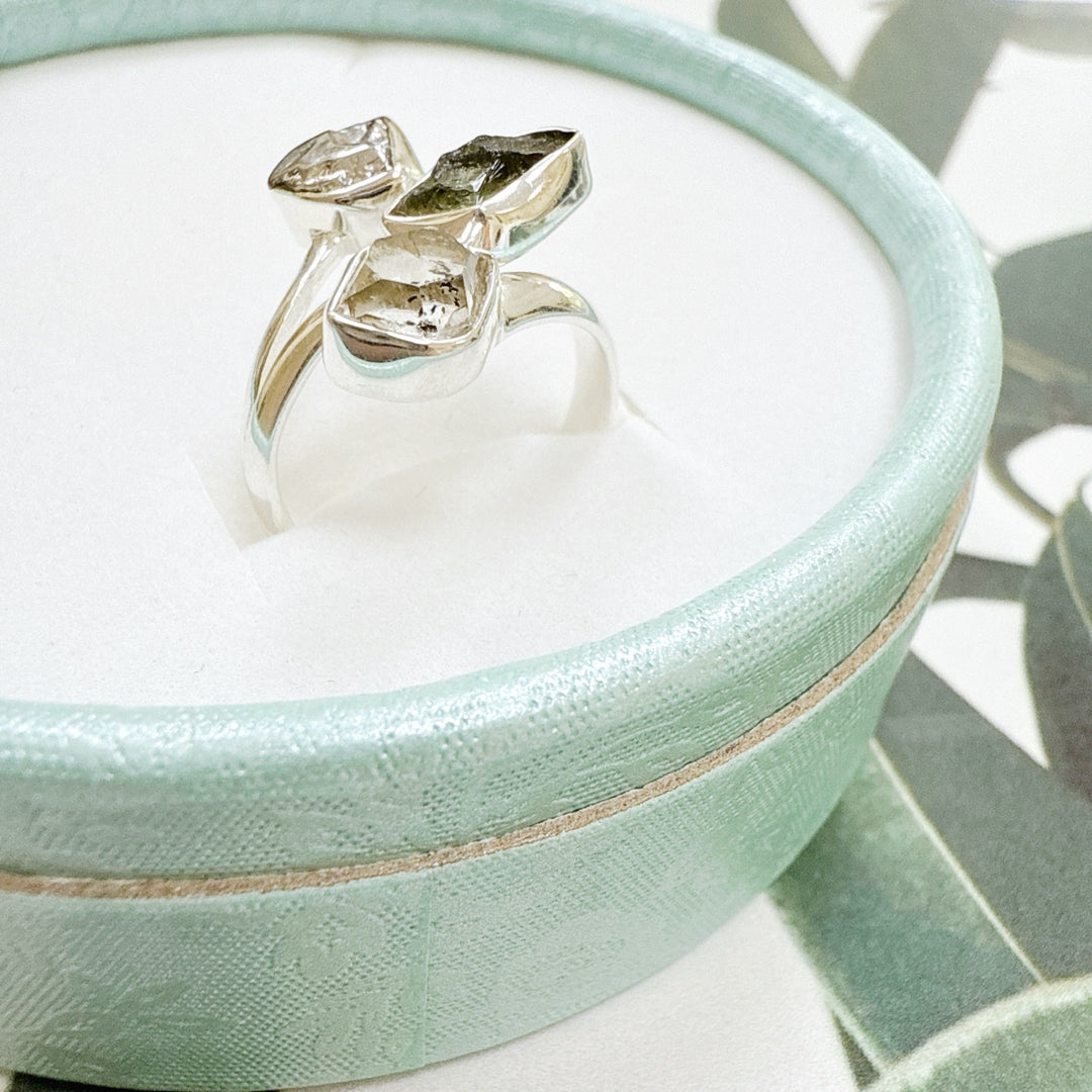 MOLDAVITE, HERKIMER DIAMOND & CAMPO DEL CIELO RING