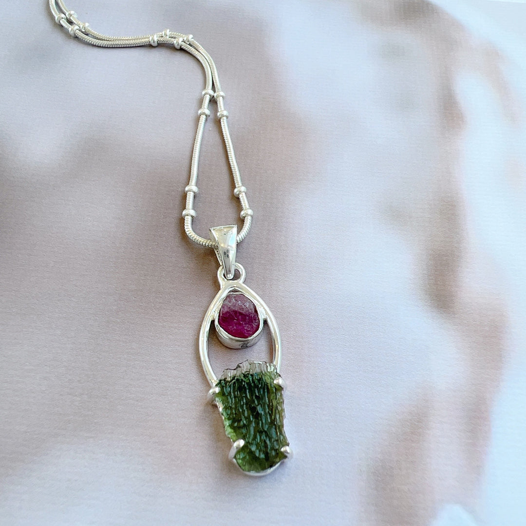 Moldavite & Pink Tourmaline Pendant