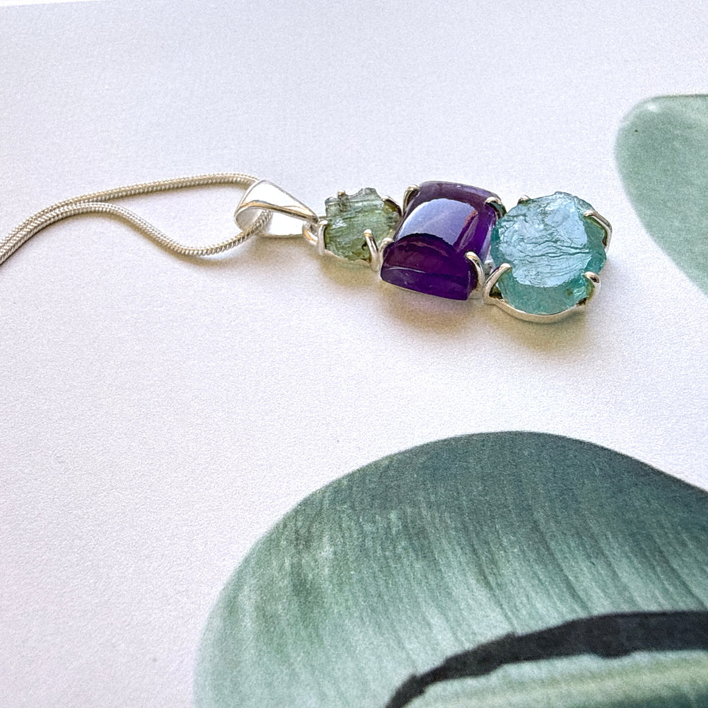 Moldavite, Amethyst & Neon Blue Apatite Pendant