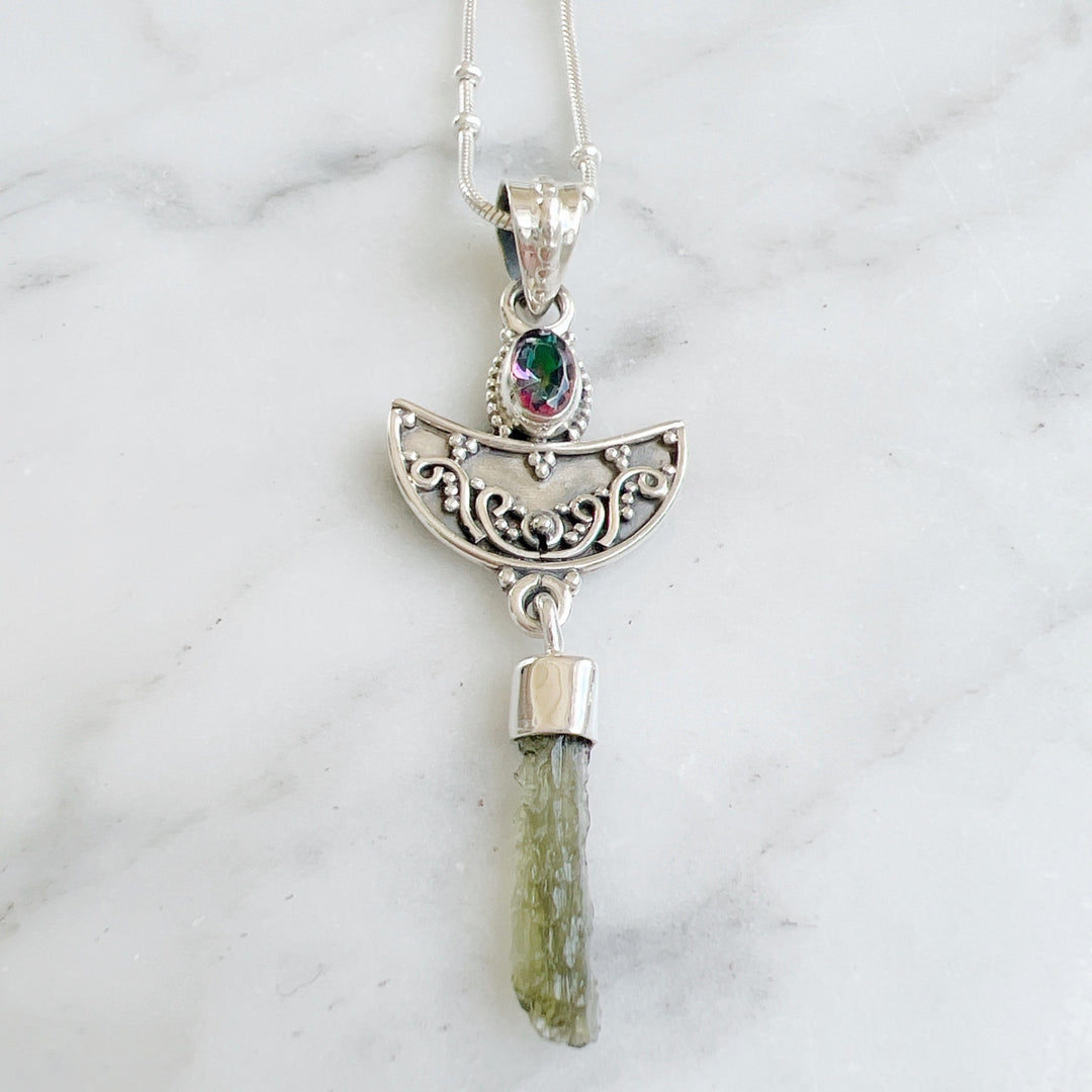 Moldavite & Rainbow Quartz Pendant