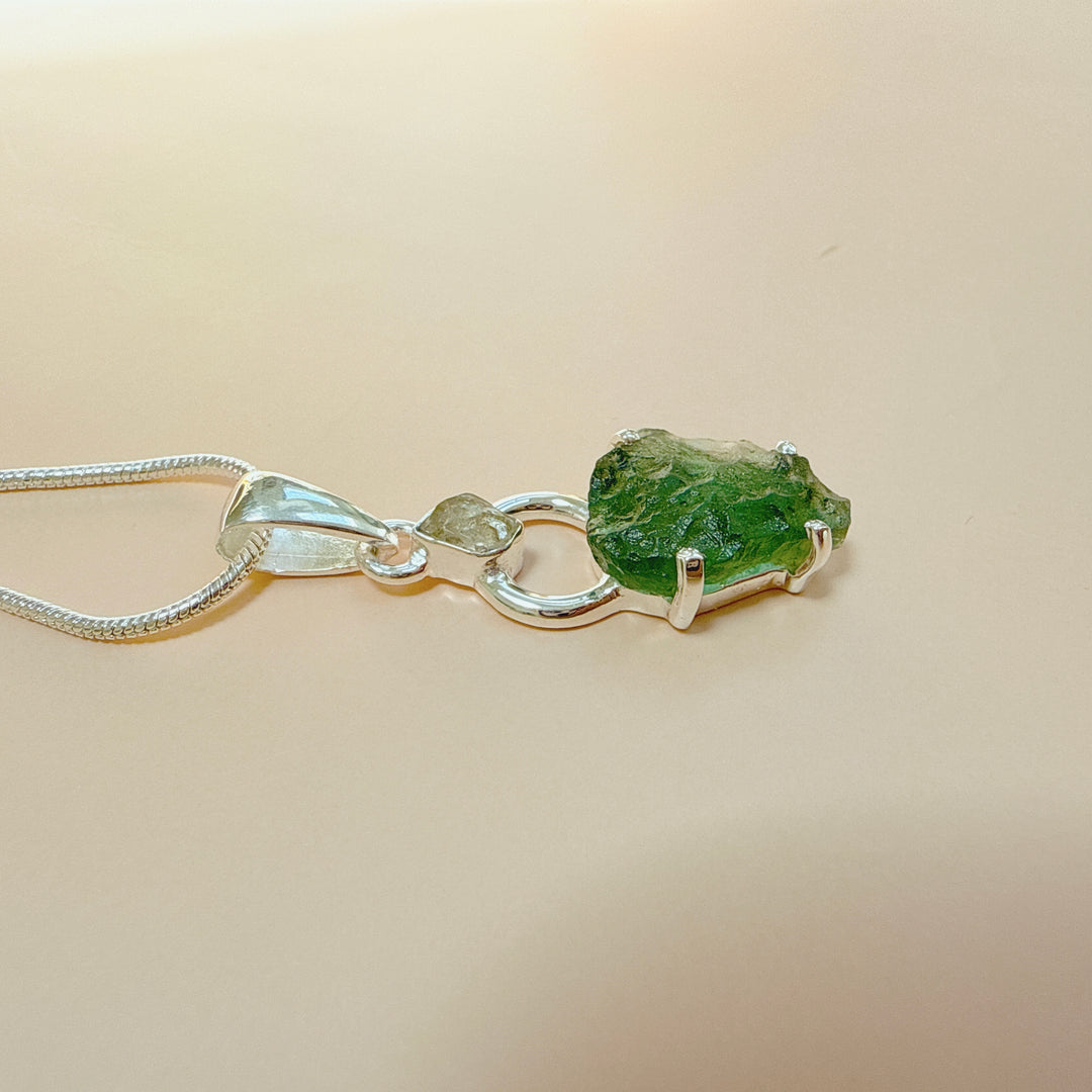 MOLDAVITE & HERKEMIER DIAMOND PENDANT