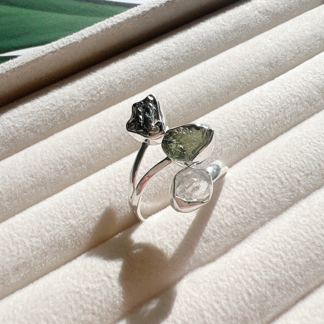 MOLDAVITE, HERKIMER DIAMOND & CAMPO DEL CIELO RING