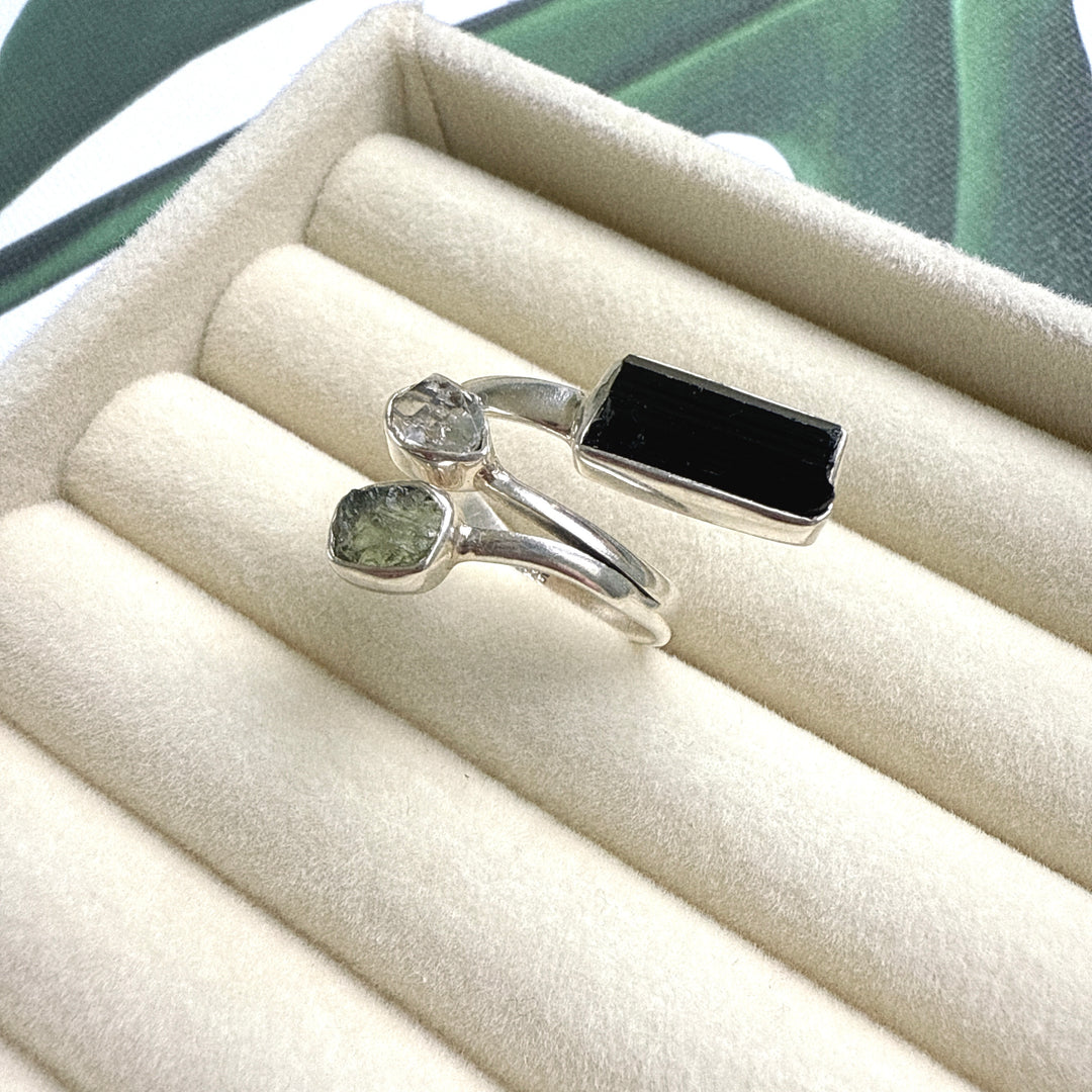 Moldavite, Herkimer & Black Tourmaline Ring