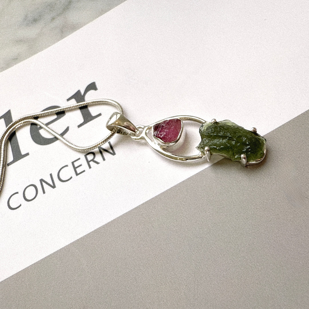 Moldavite & Pink Tourmaline Pendant