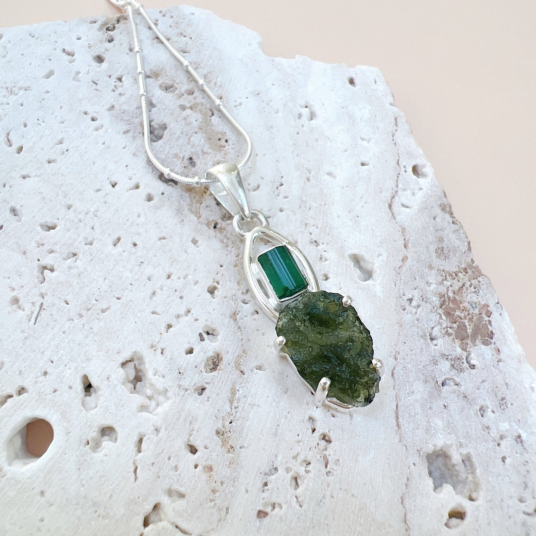 Moldavite & Green Tourmaline Pendant