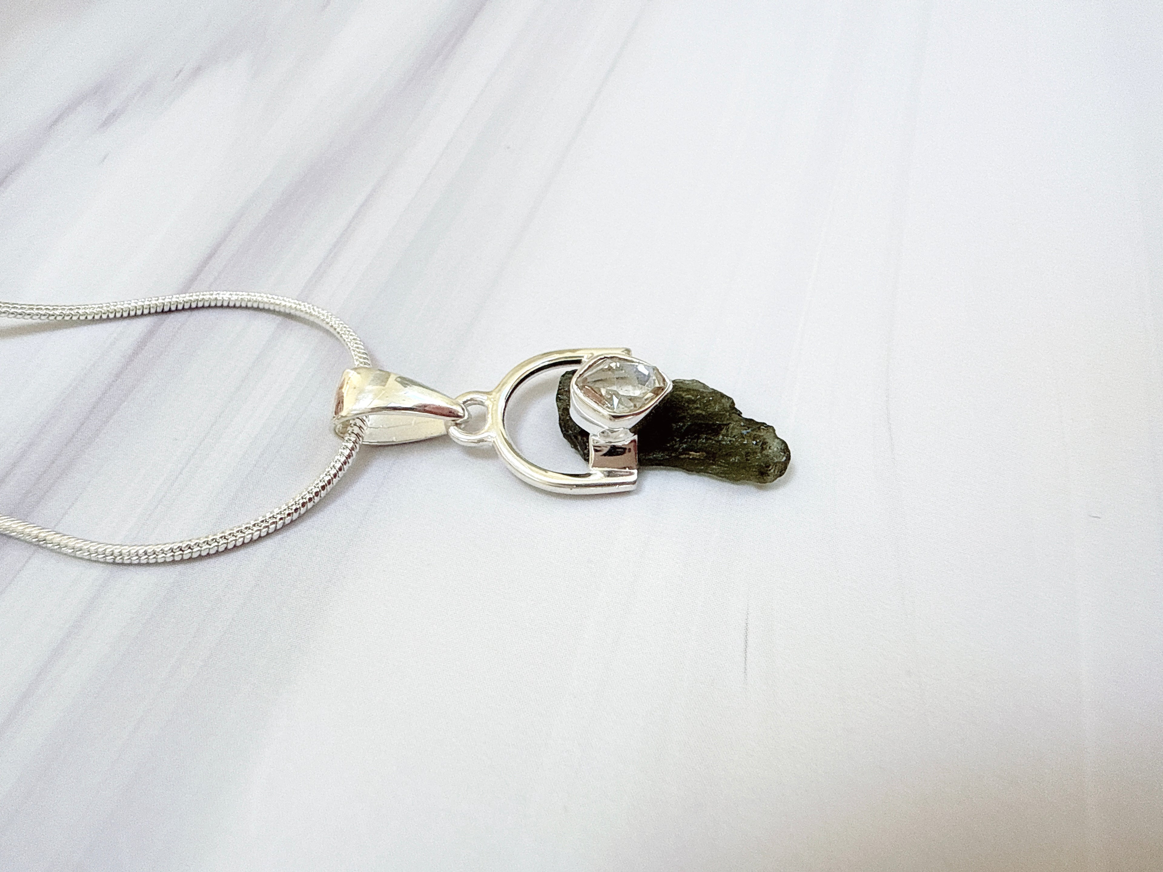 Moldavite with Herkimer Diamond Pendant