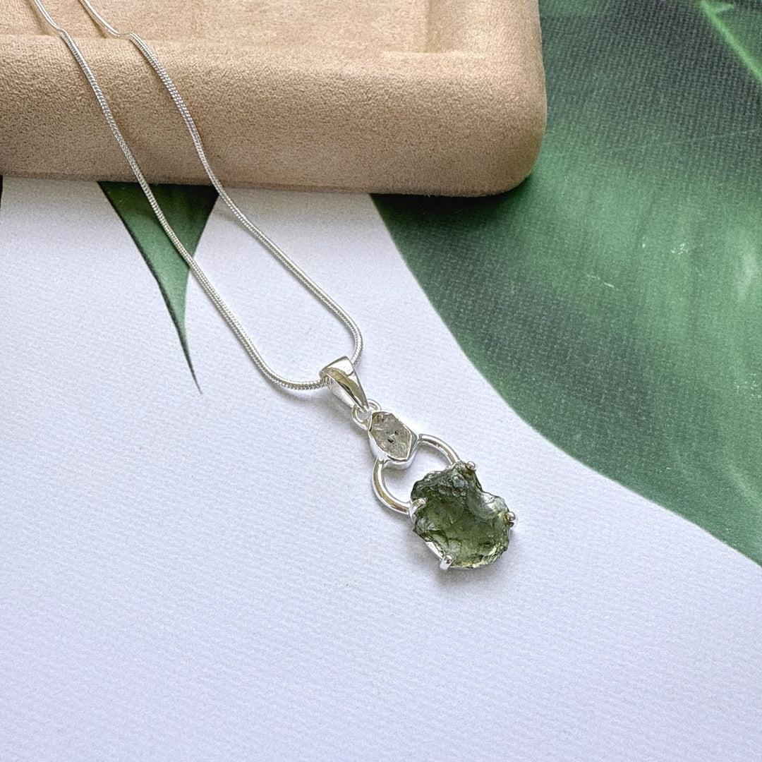 Moldavite & Herkimer Pendant