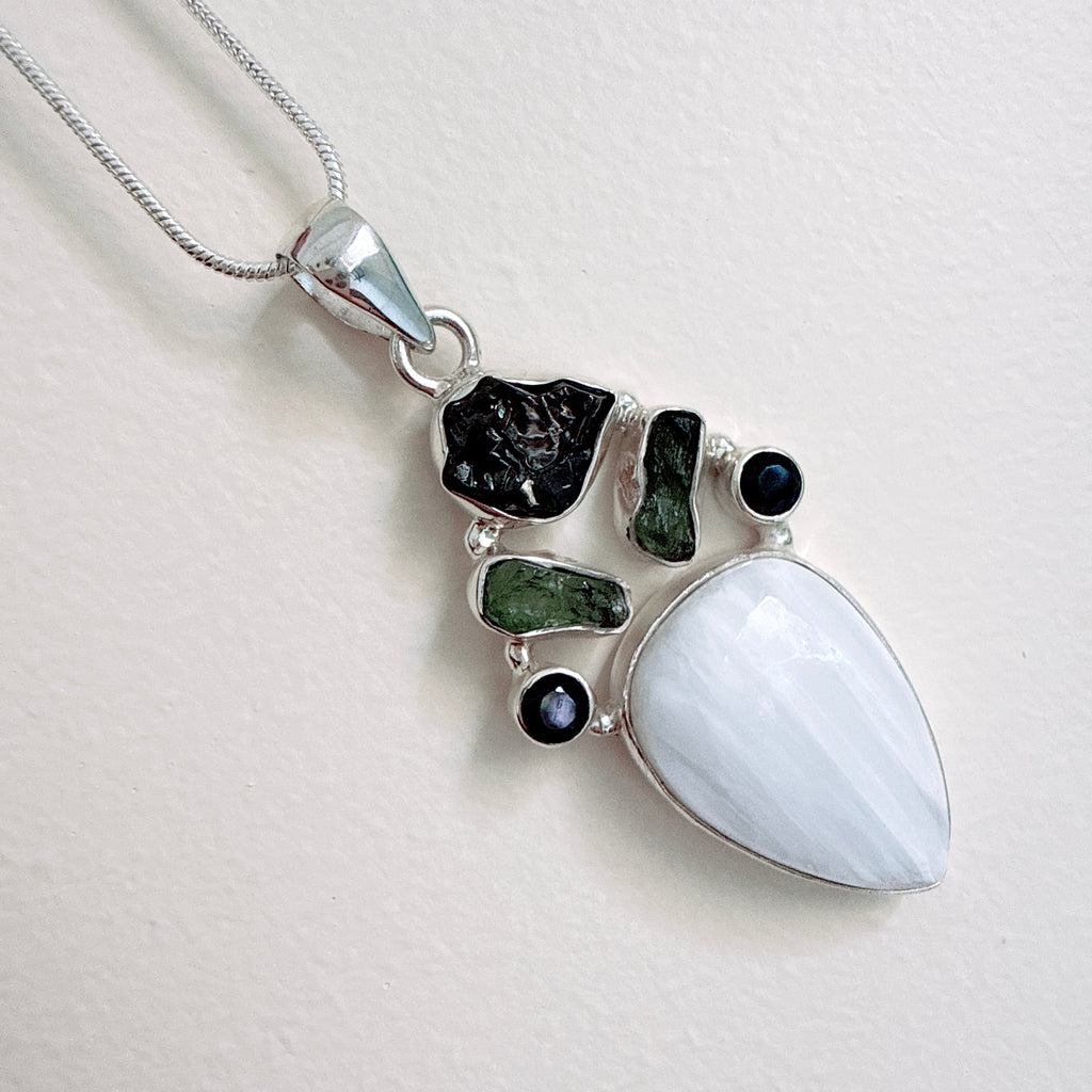 Designer – Scolecite, Moldavite, Shungite & Black Onyx Faceted Pendant