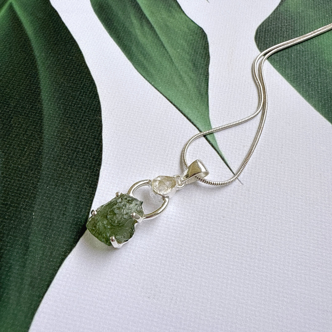 Moldavite & Herkimer Pendant