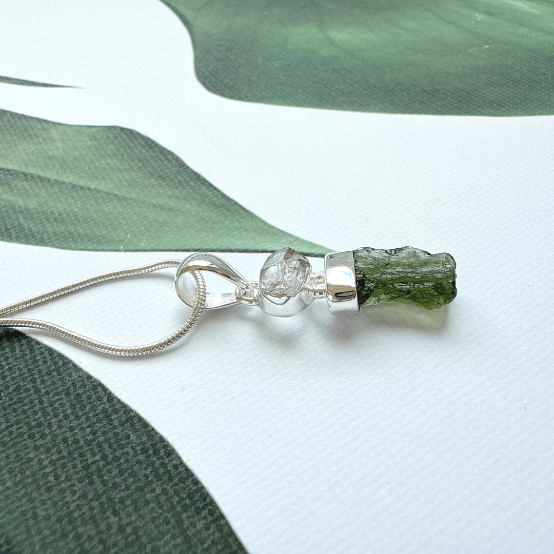 MOLDAVITE & HERKEMIR DIAMOND PENDANT