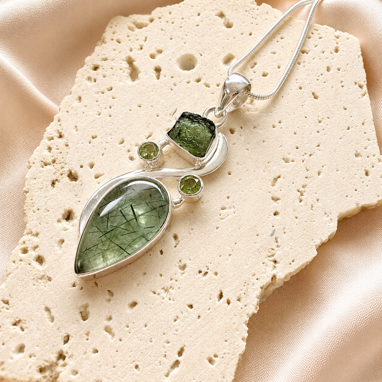 Designer – Actinolite in Prehnite, Moldavite & Peridot Pendant